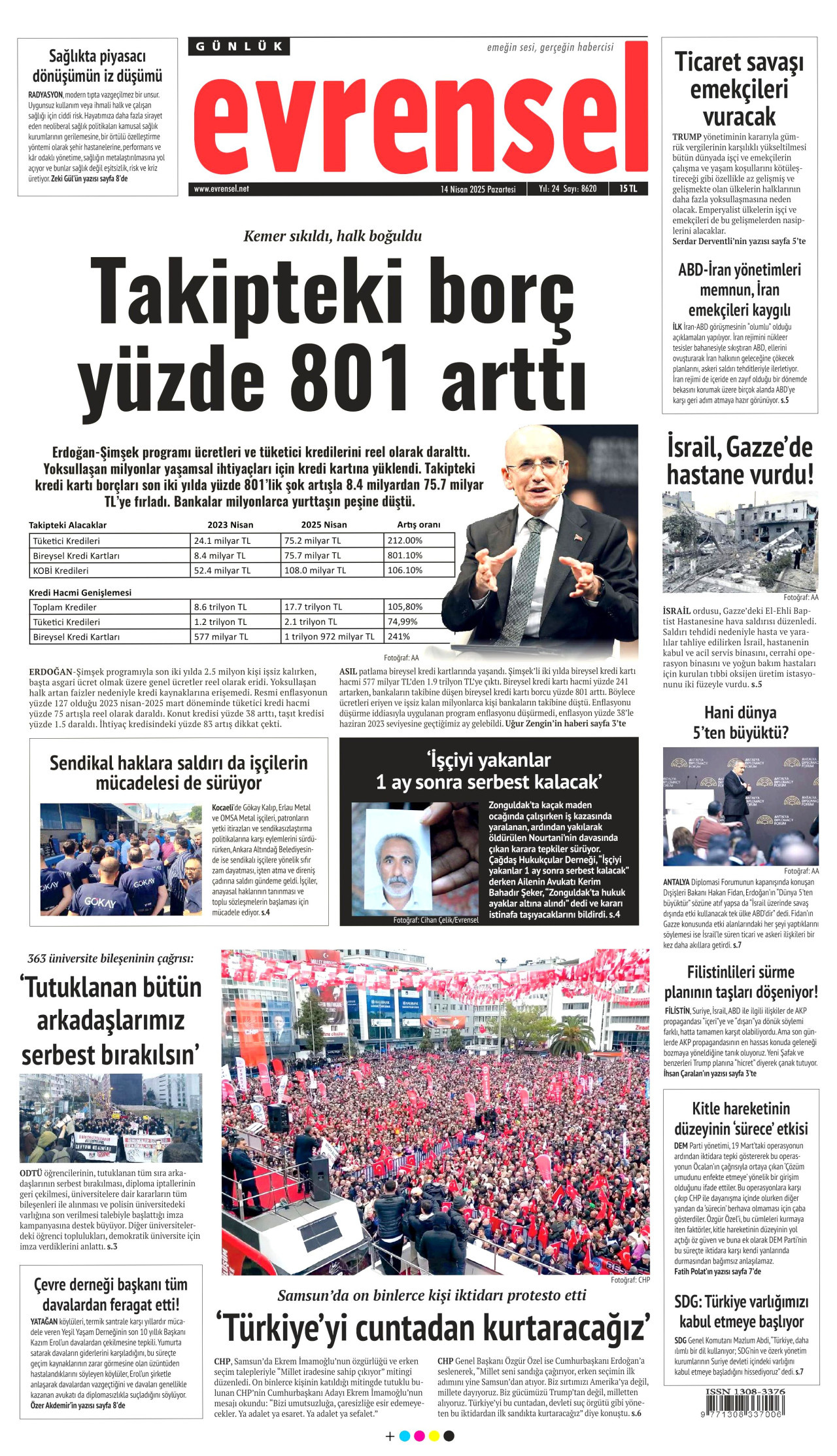 EVRENSEL gazetesinin 14 Nisan 2025 tarihli birinci sayfası