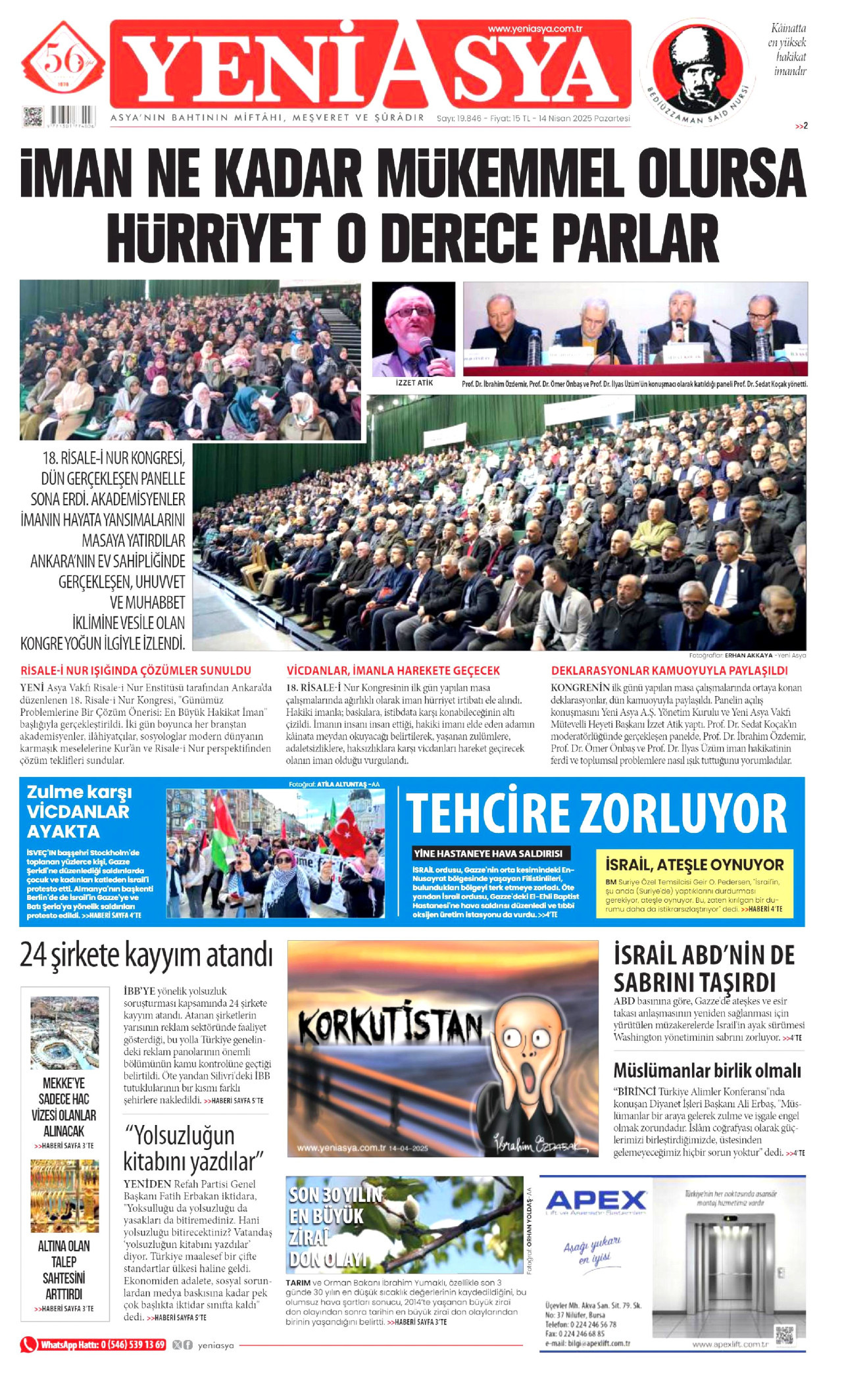 YENİ ASYA gazetesinin 14 Nisan 2025 tarihli birinci sayfası