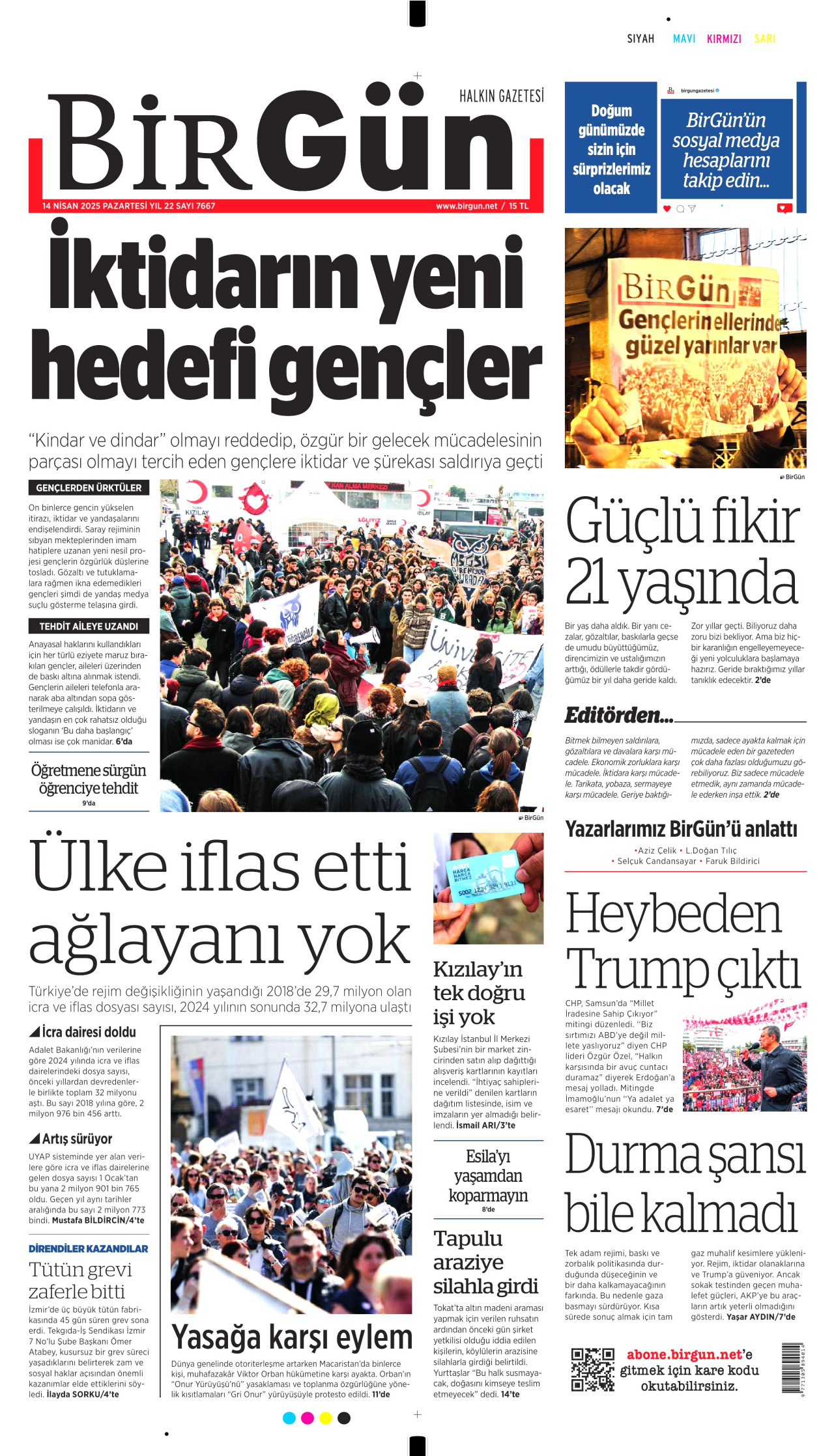 BİRGÜN gazetesinin 14 Nisan 2025 tarihli birinci sayfası
