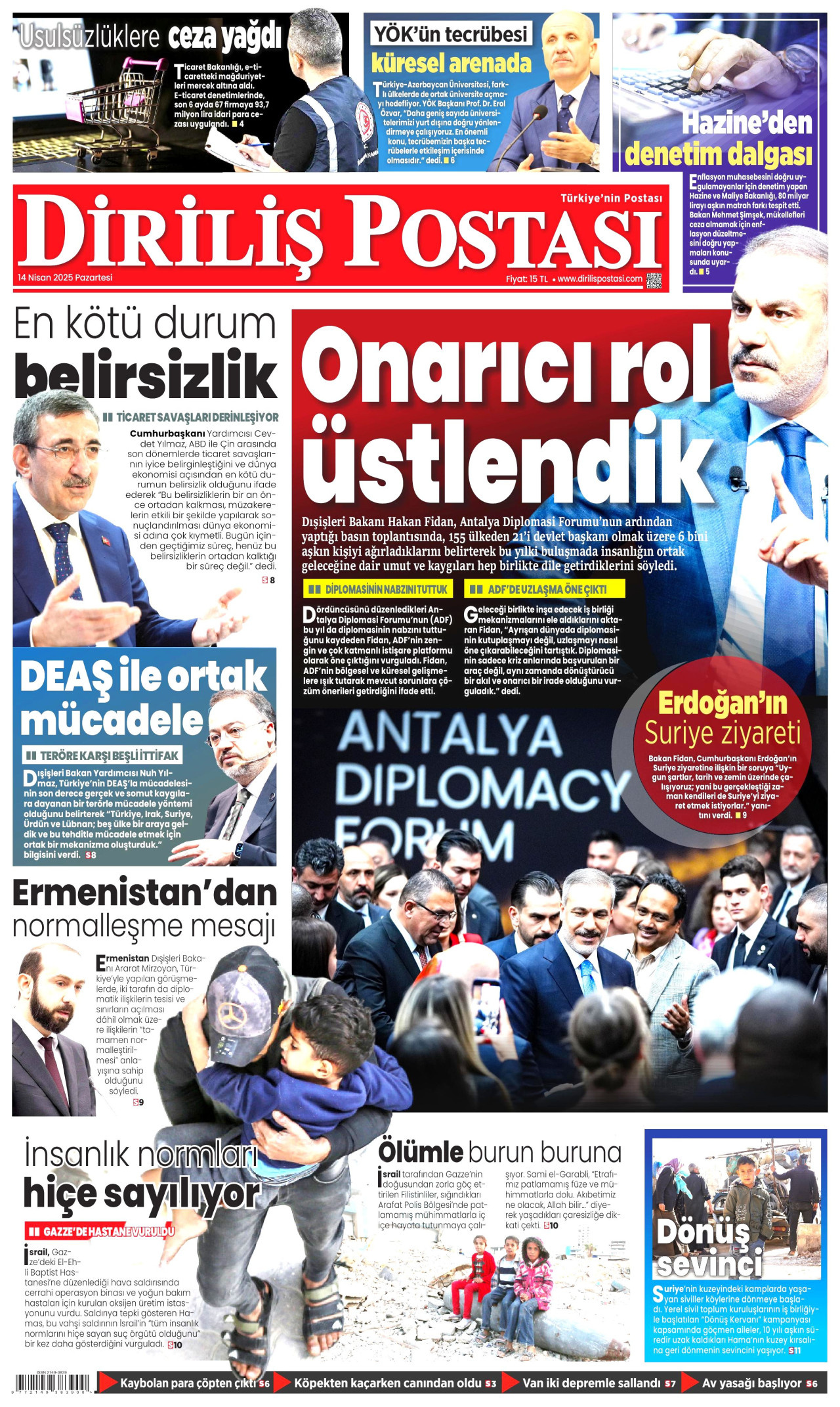 DİRİLİŞ POSTASI gazetesinin 14 Nisan 2025 tarihli birinci sayfası