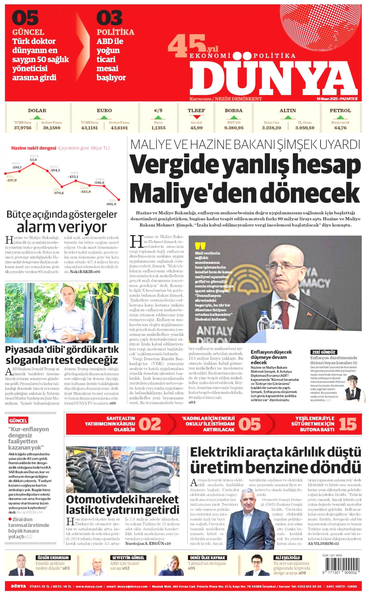 DÜNYA gazetesinin 14 Nisan 2025 tarihli birinci sayfası