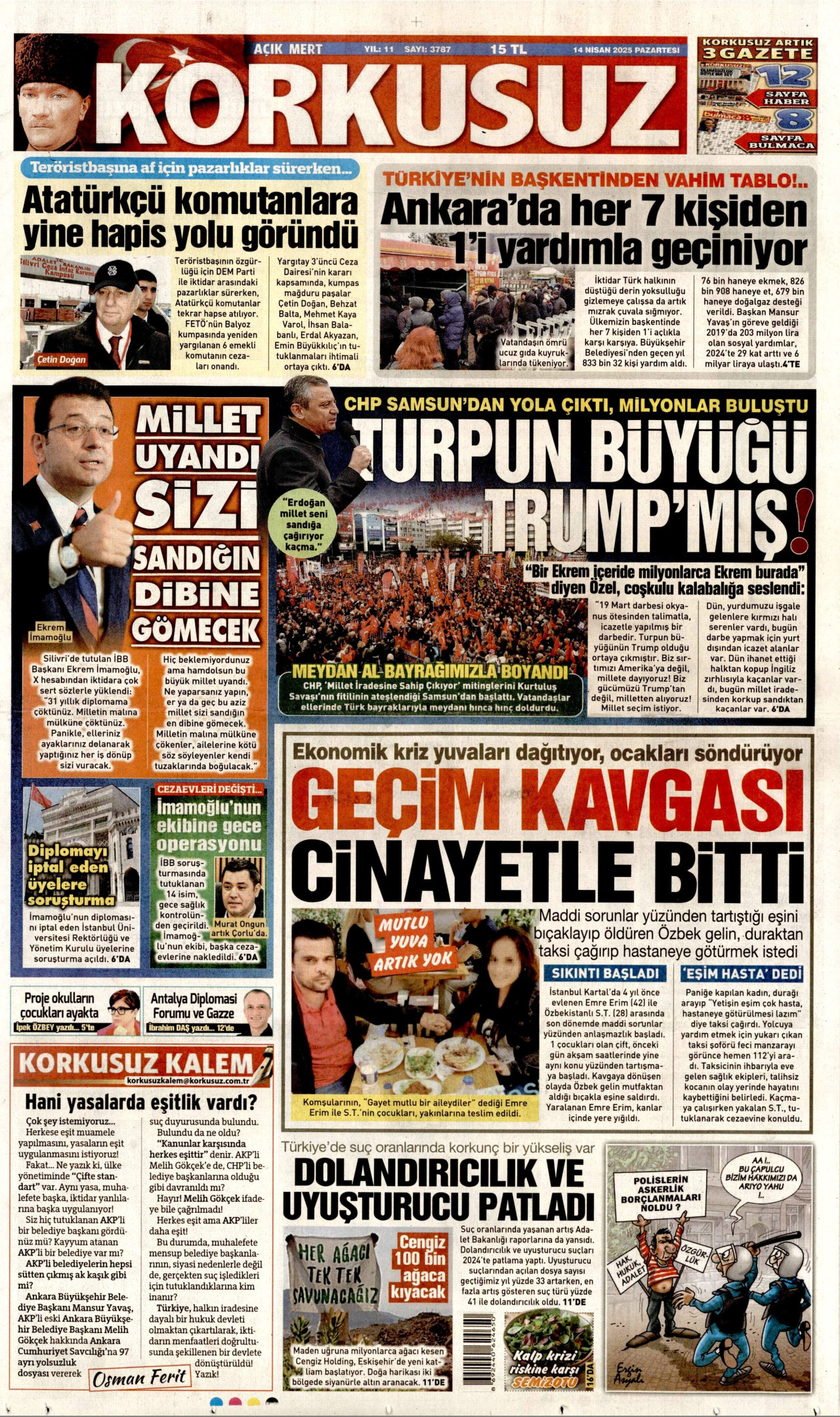 KORKUSUZ gazetesinin 14 Nisan 2025 tarihli birinci sayfası