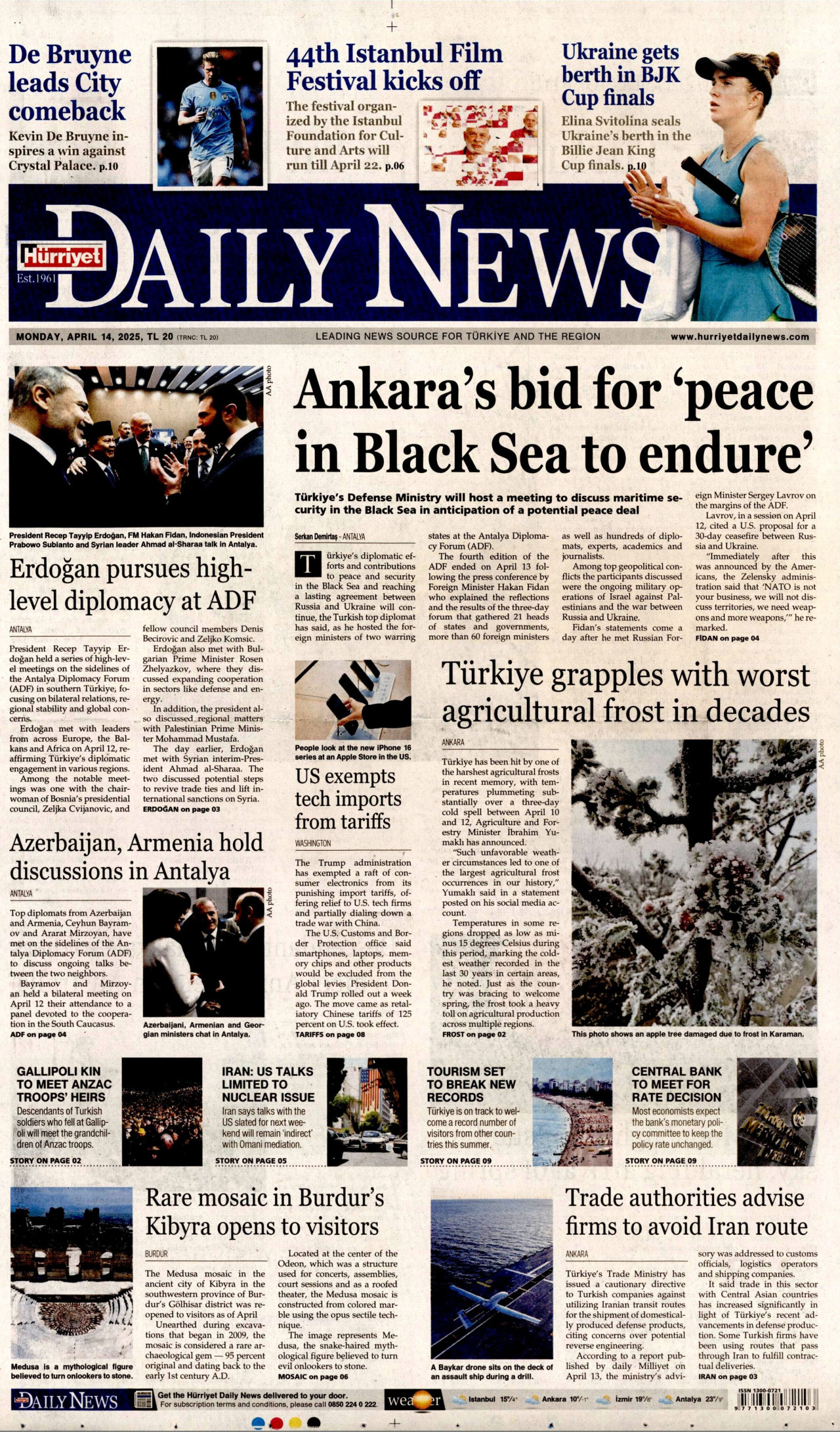 HÜRRİYET DAİLY NEWS gazetesinin 14 Nisan 2025 tarihli birinci sayfası