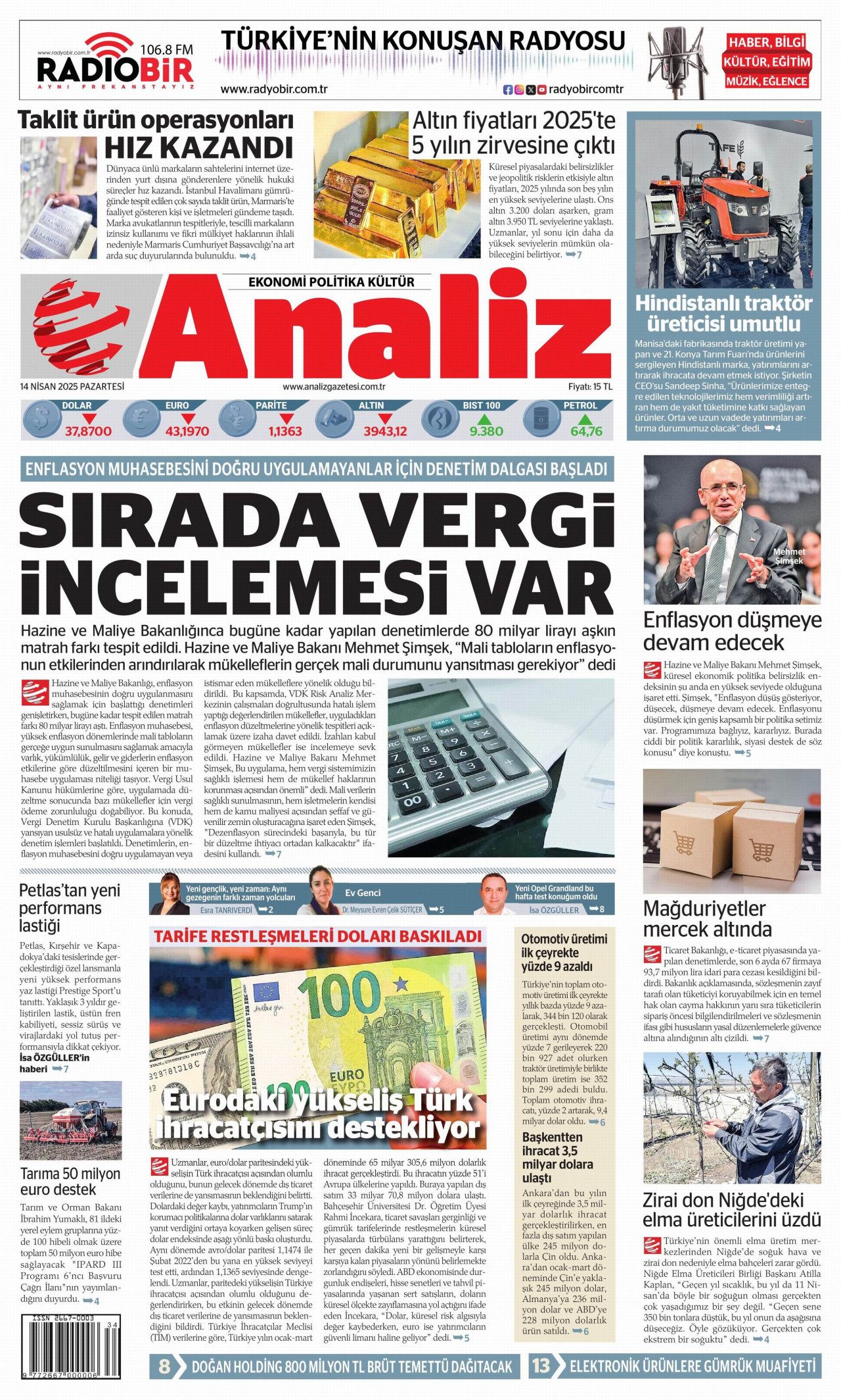 ANALİZ gazetesinin 14 Nisan 2025 tarihli birinci sayfası