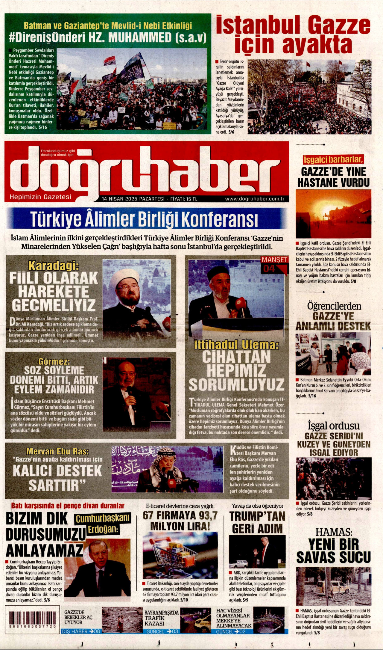 DOĞRU HABER gazetesinin 14 Nisan 2025 tarihli birinci sayfası
