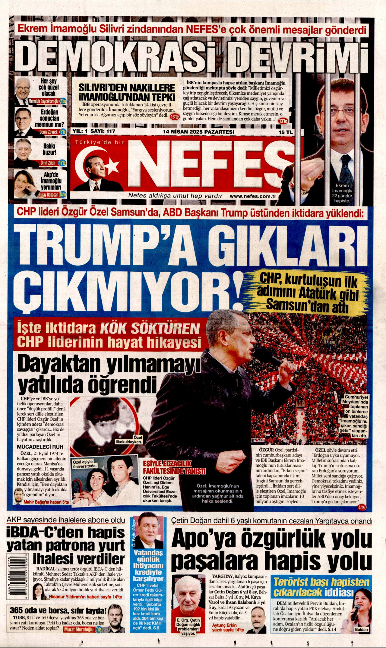 NEFES gazetesinin 14 Nisan 2025 tarihli birinci sayfası