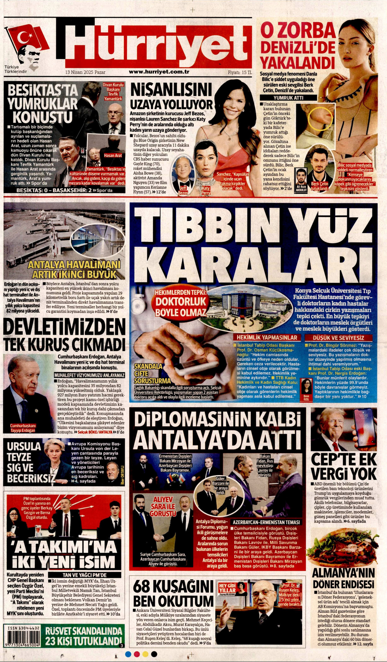 HÜRRİYET gazetesinin 13 Nisan 2025 tarihli birinci sayfası