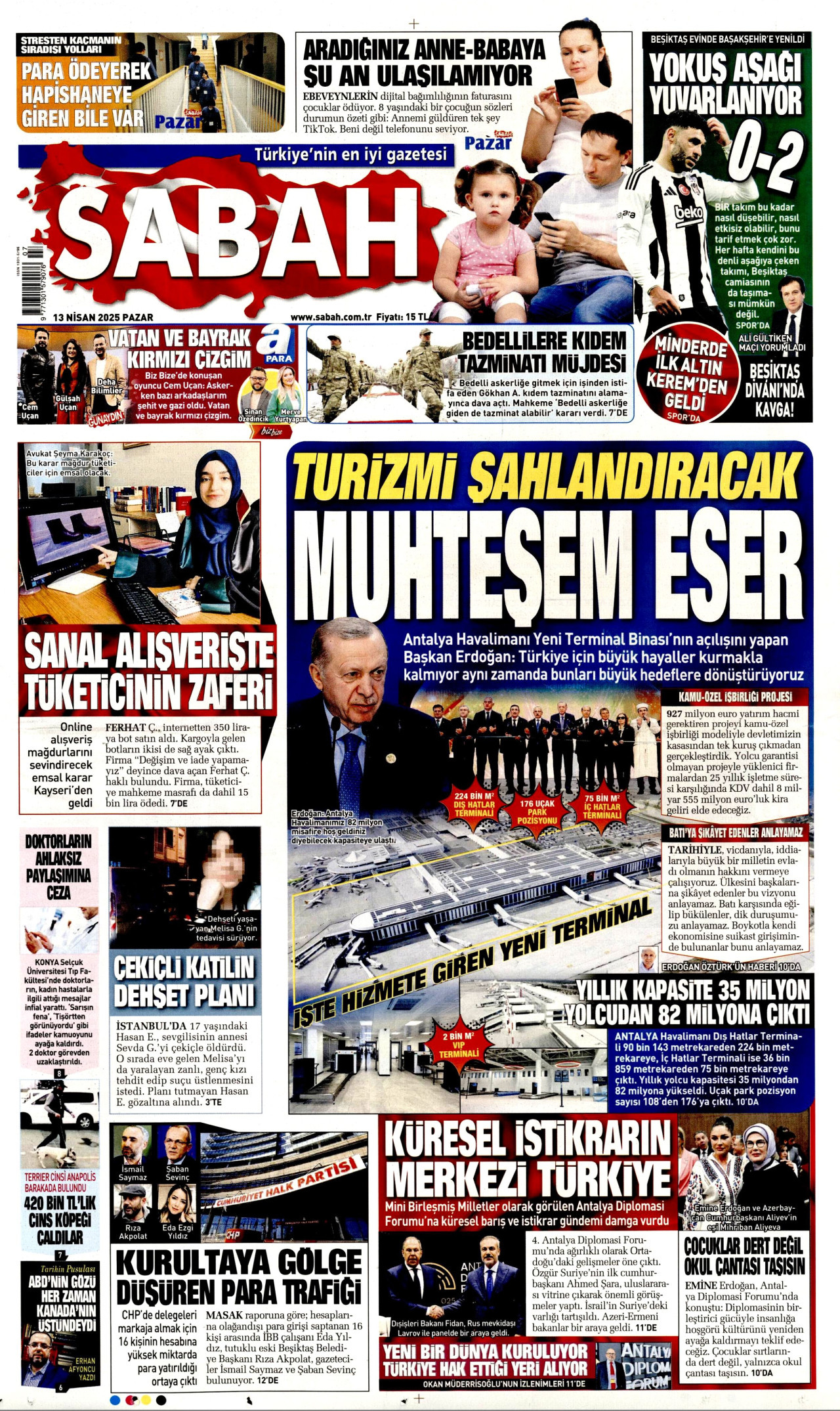 SABAH gazetesinin 13 Nisan 2025 tarihli birinci sayfası