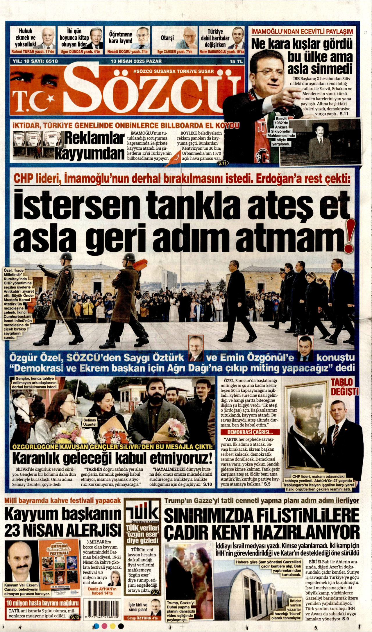 SÖZCÜ gazetesinin 13 Nisan 2025 tarihli birinci sayfası