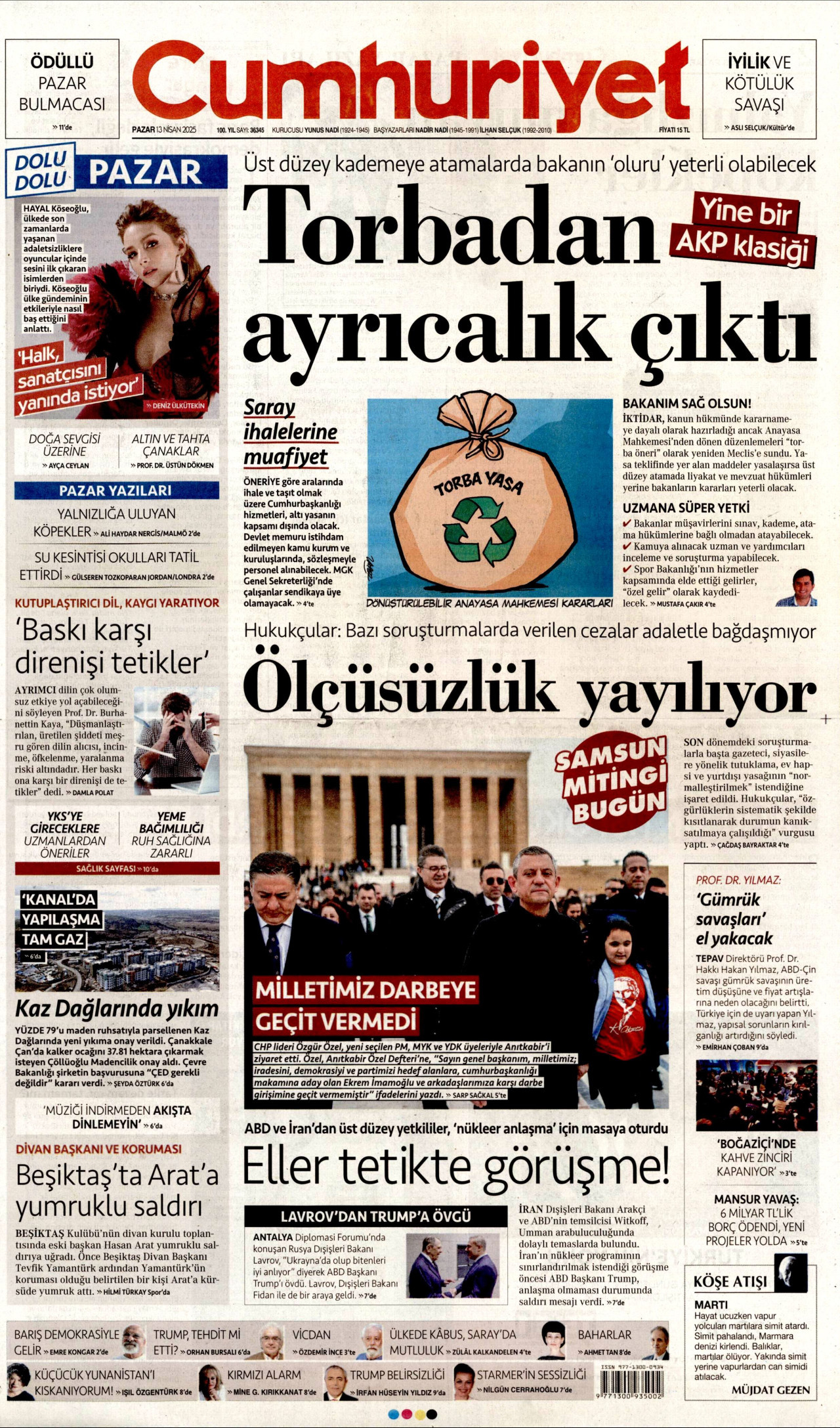 CUMHURİYET gazetesinin 13 Nisan 2025 tarihli birinci sayfası