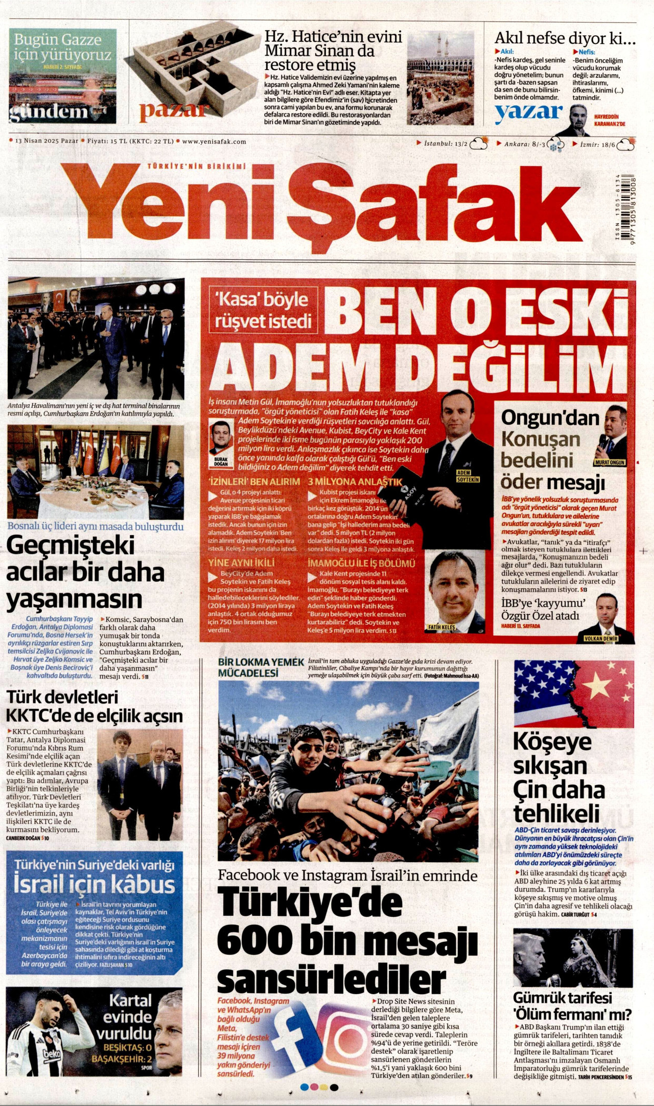 YENİ ŞAFAK gazetesinin 13 Nisan 2025 tarihli birinci sayfası