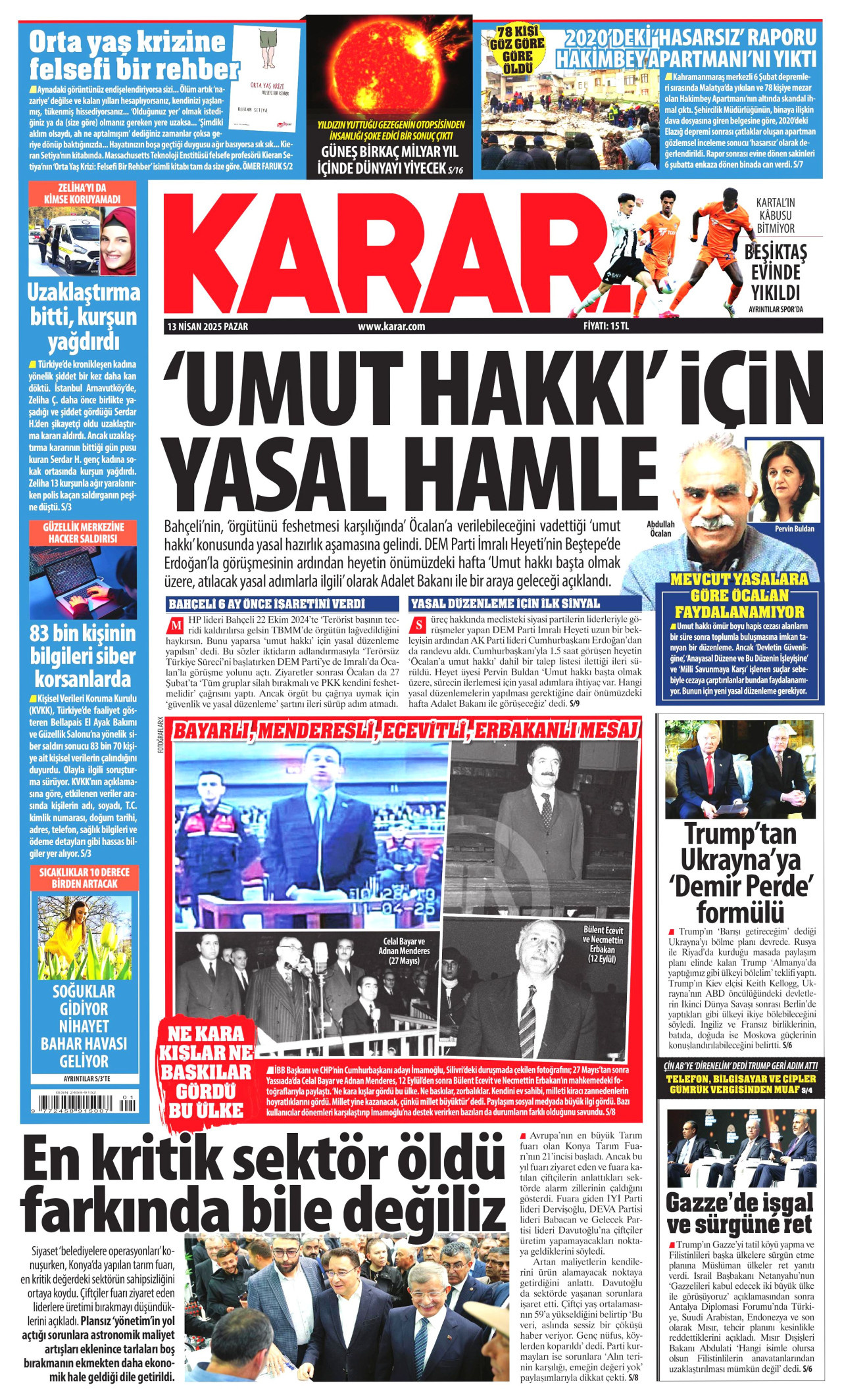 KARAR gazetesinin 13 Nisan 2025 tarihli birinci sayfası
