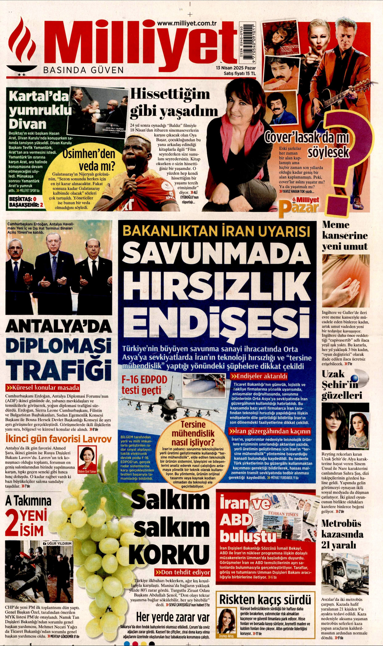 MİLLİYET gazetesinin 13 Nisan 2025 tarihli birinci sayfası