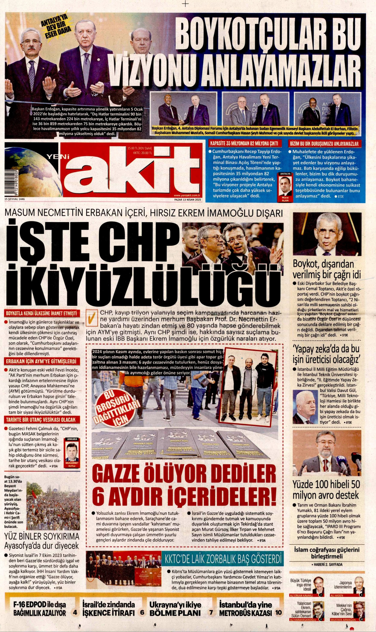 YENİ AKİT gazetesinin 13 Nisan 2025 tarihli birinci sayfası