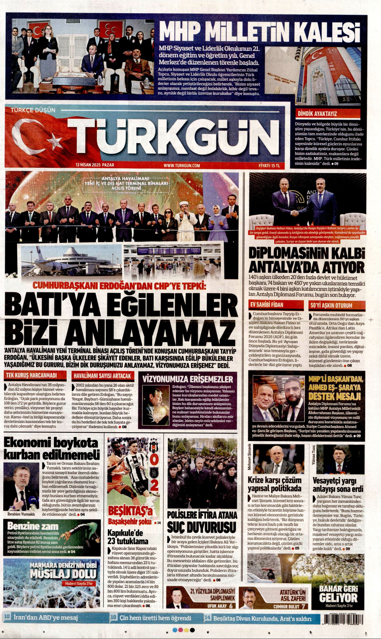 TÜRKGÜN gazetesinin 13 Nisan 2025 tarihli birinci sayfası