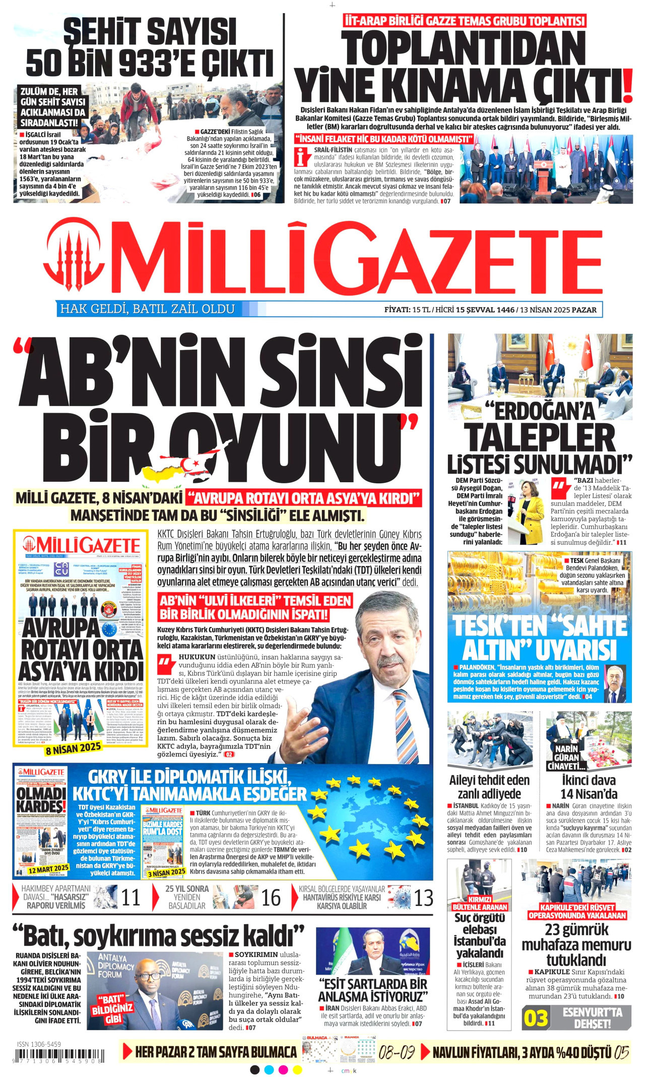 MİLLİ GAZETE gazetesinin 13 Nisan 2025 tarihli birinci sayfası