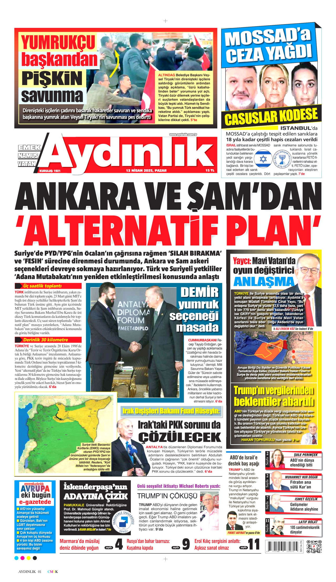 AYDINLIK GAZETESİ gazetesinin 13 Nisan 2025 tarihli birinci sayfası