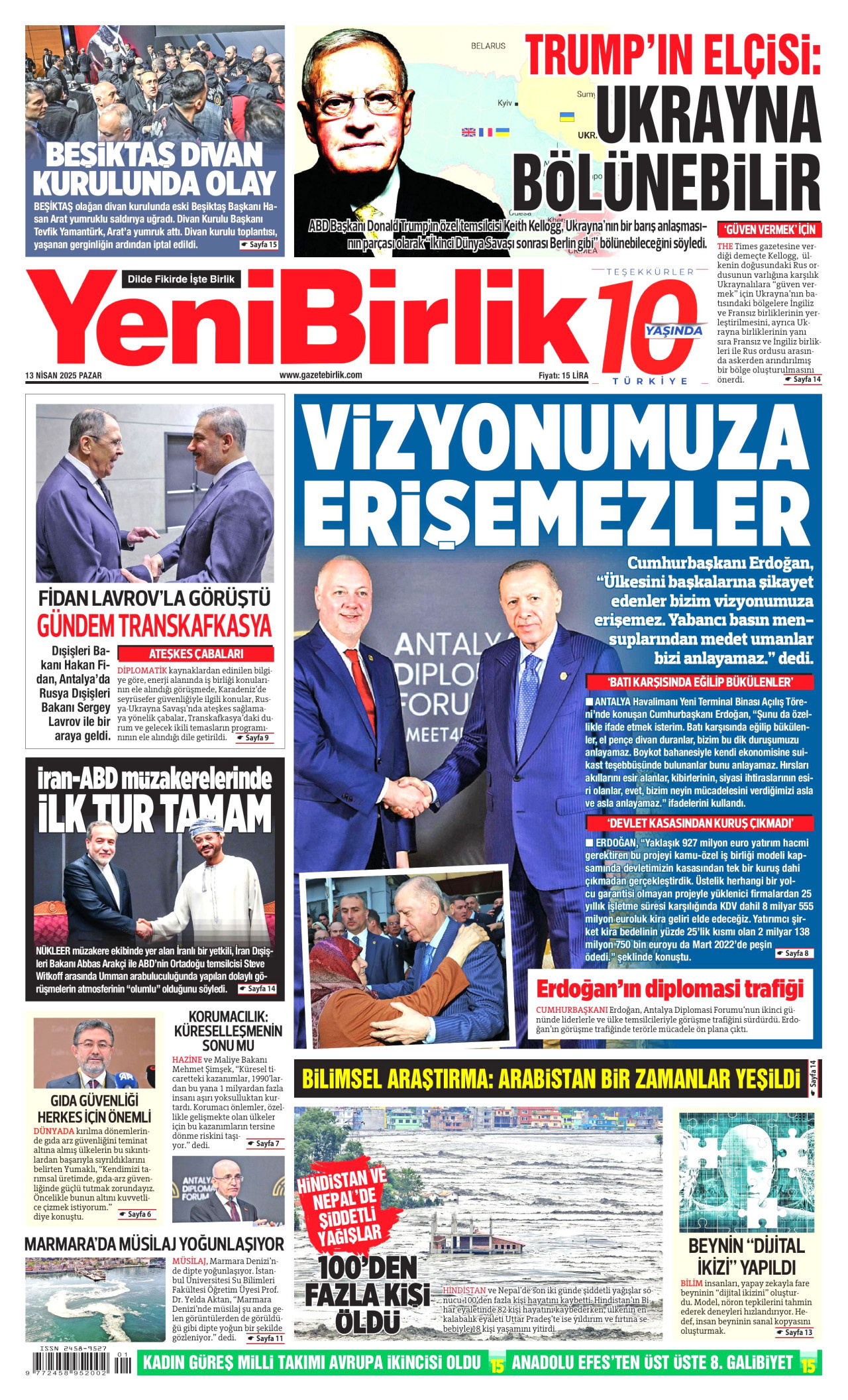 YENİBİRLİK gazetesinin 13 Nisan 2025 tarihli birinci sayfası