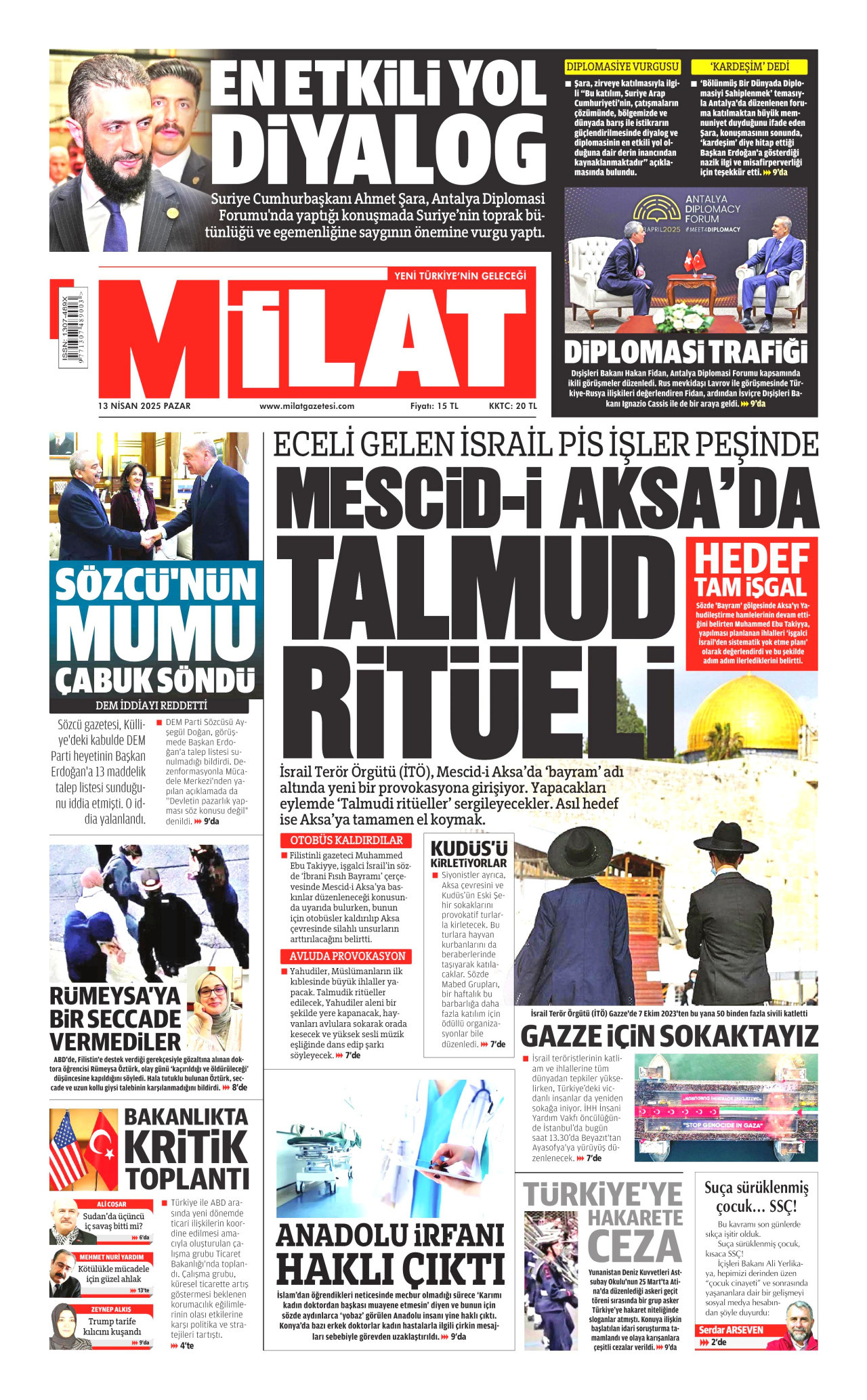 MİLAT gazetesinin 13 Nisan 2025 tarihli birinci sayfası