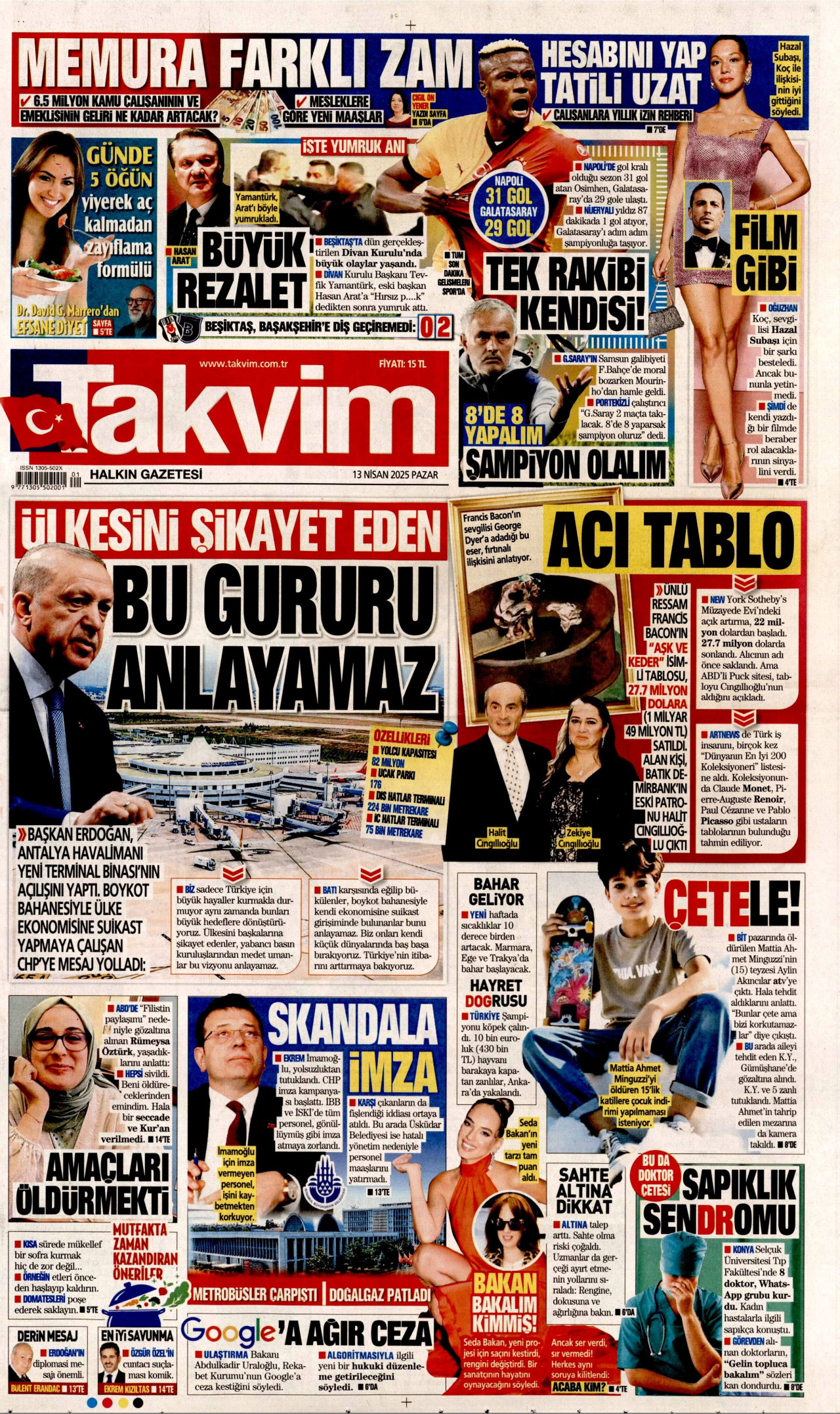 TAKVİM gazetesinin 13 Nisan 2025 tarihli birinci sayfası