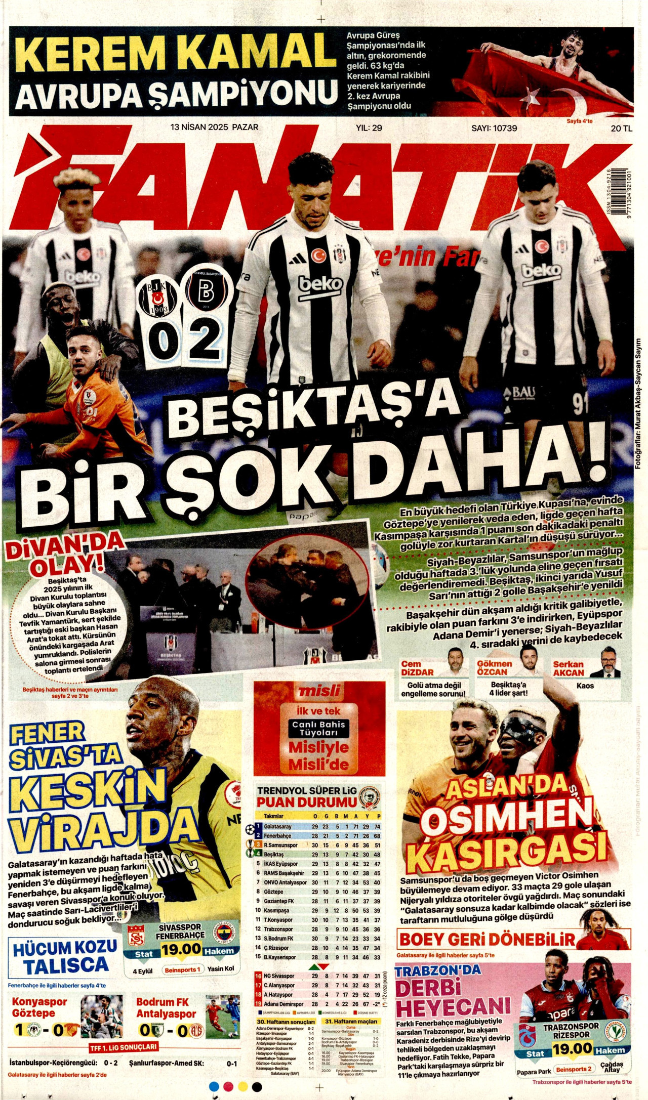 FANATİK gazetesinin 13 Nisan 2025 tarihli birinci sayfası
