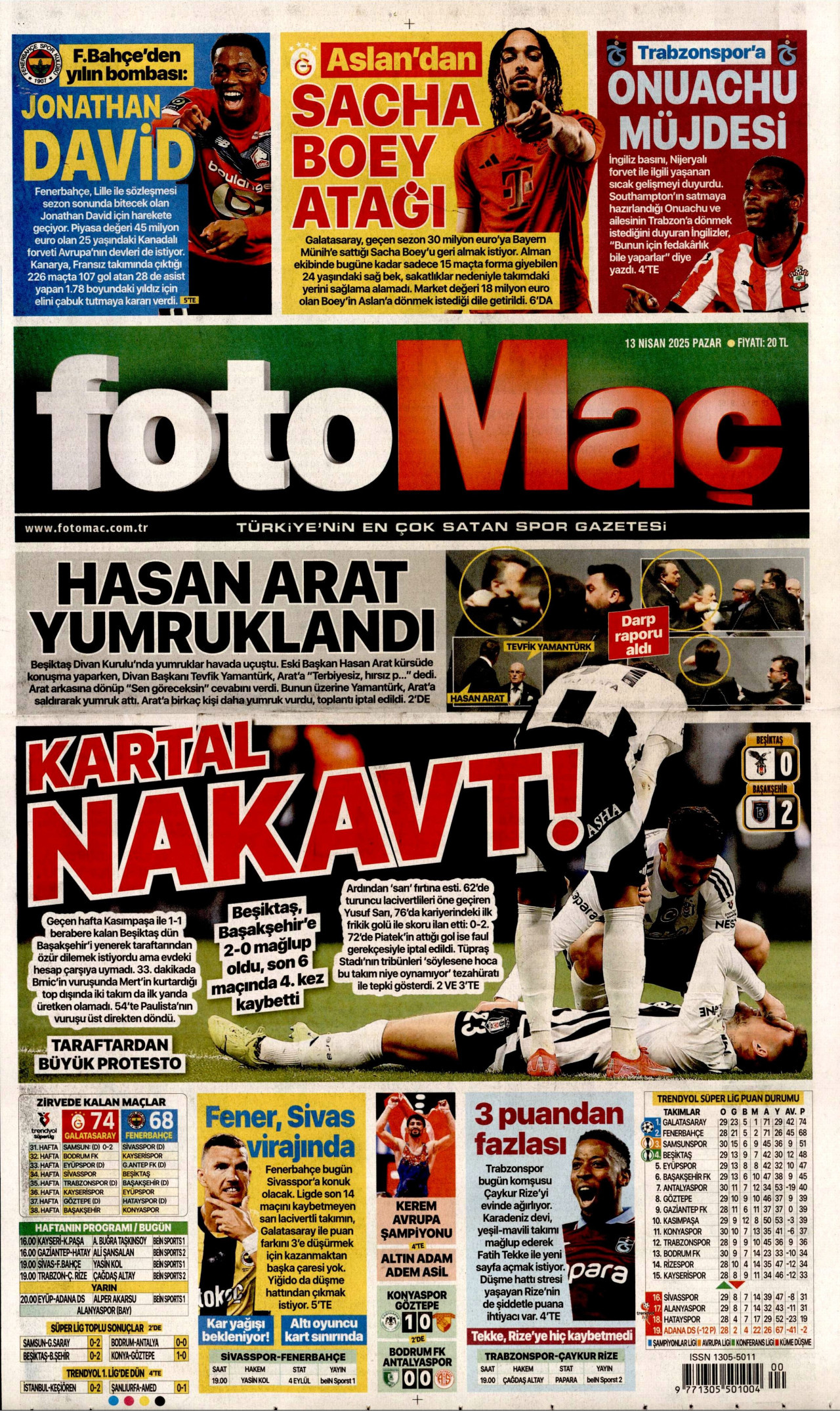 FOTOMAÇ gazetesinin 13 Nisan 2025 tarihli birinci sayfası