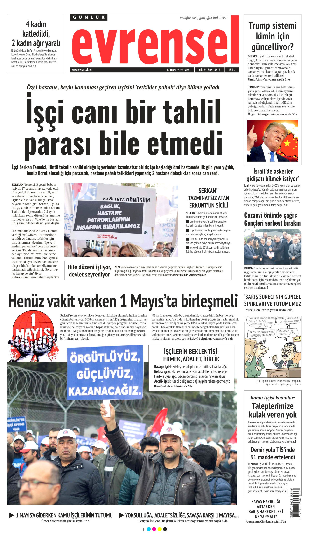 EVRENSEL gazetesinin 13 Nisan 2025 tarihli birinci sayfası