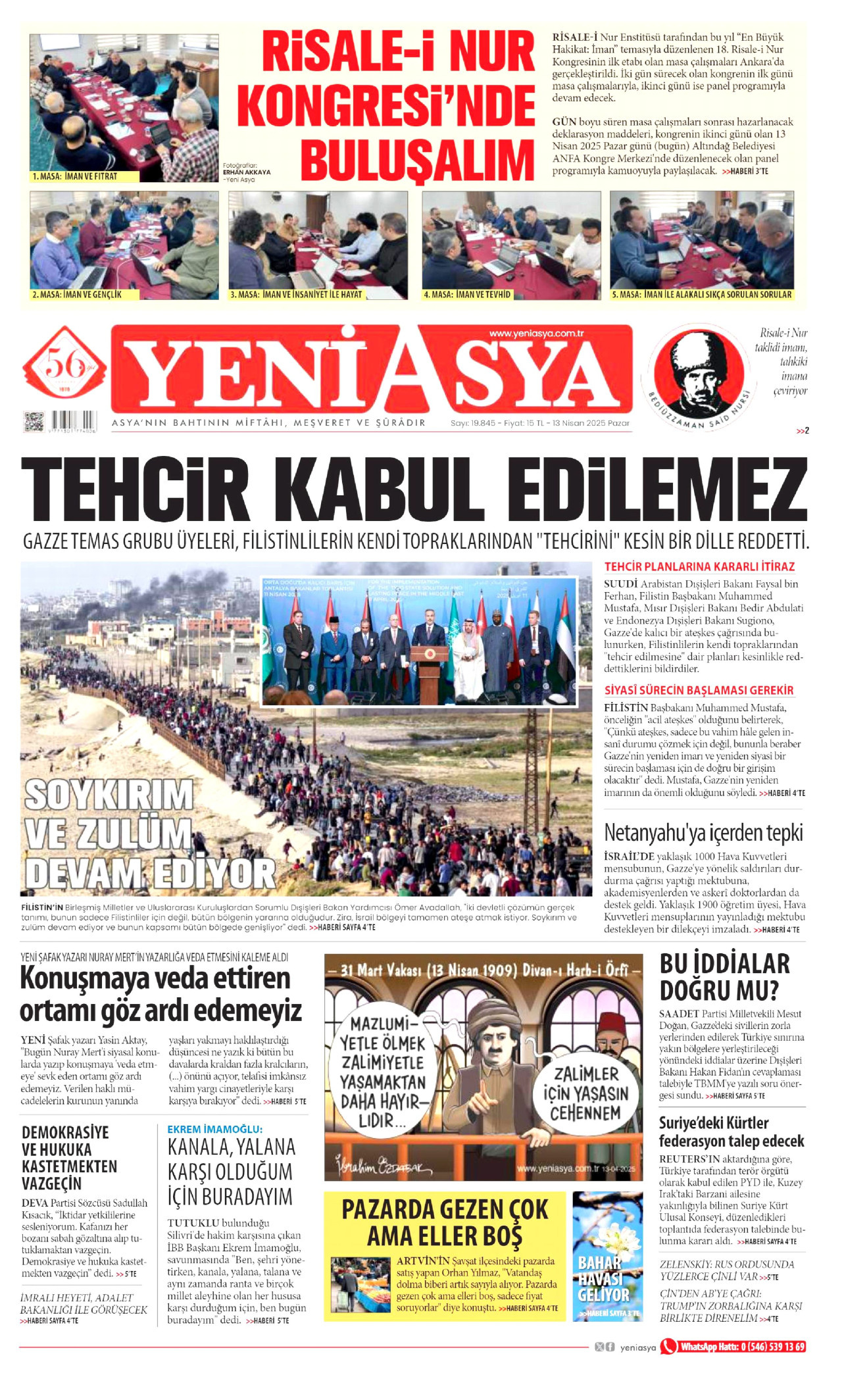 YENİ ASYA gazetesinin 13 Nisan 2025 tarihli birinci sayfası