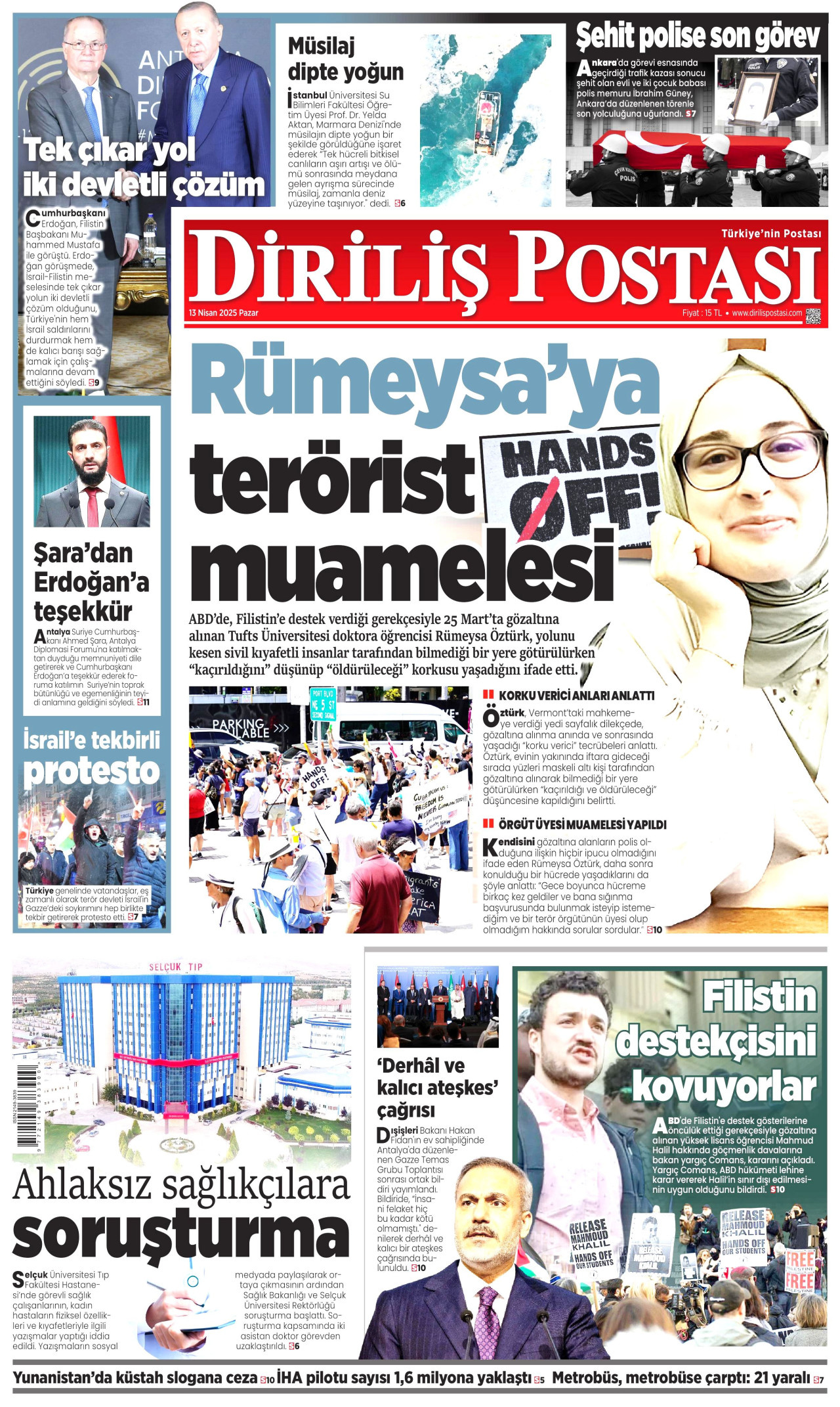 DİRİLİŞ POSTASI gazetesinin 13 Nisan 2025 tarihli birinci sayfası