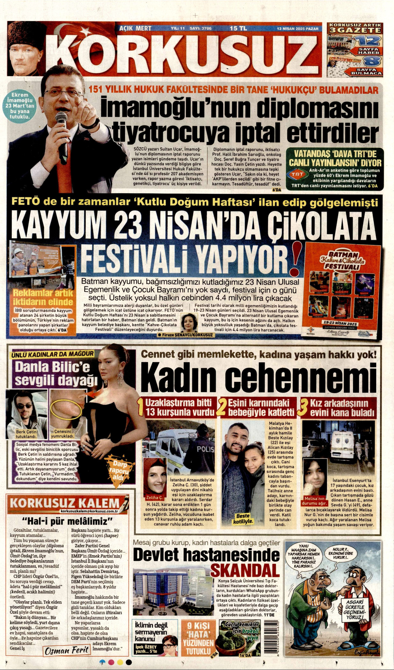 KORKUSUZ gazetesinin 13 Nisan 2025 tarihli birinci sayfası