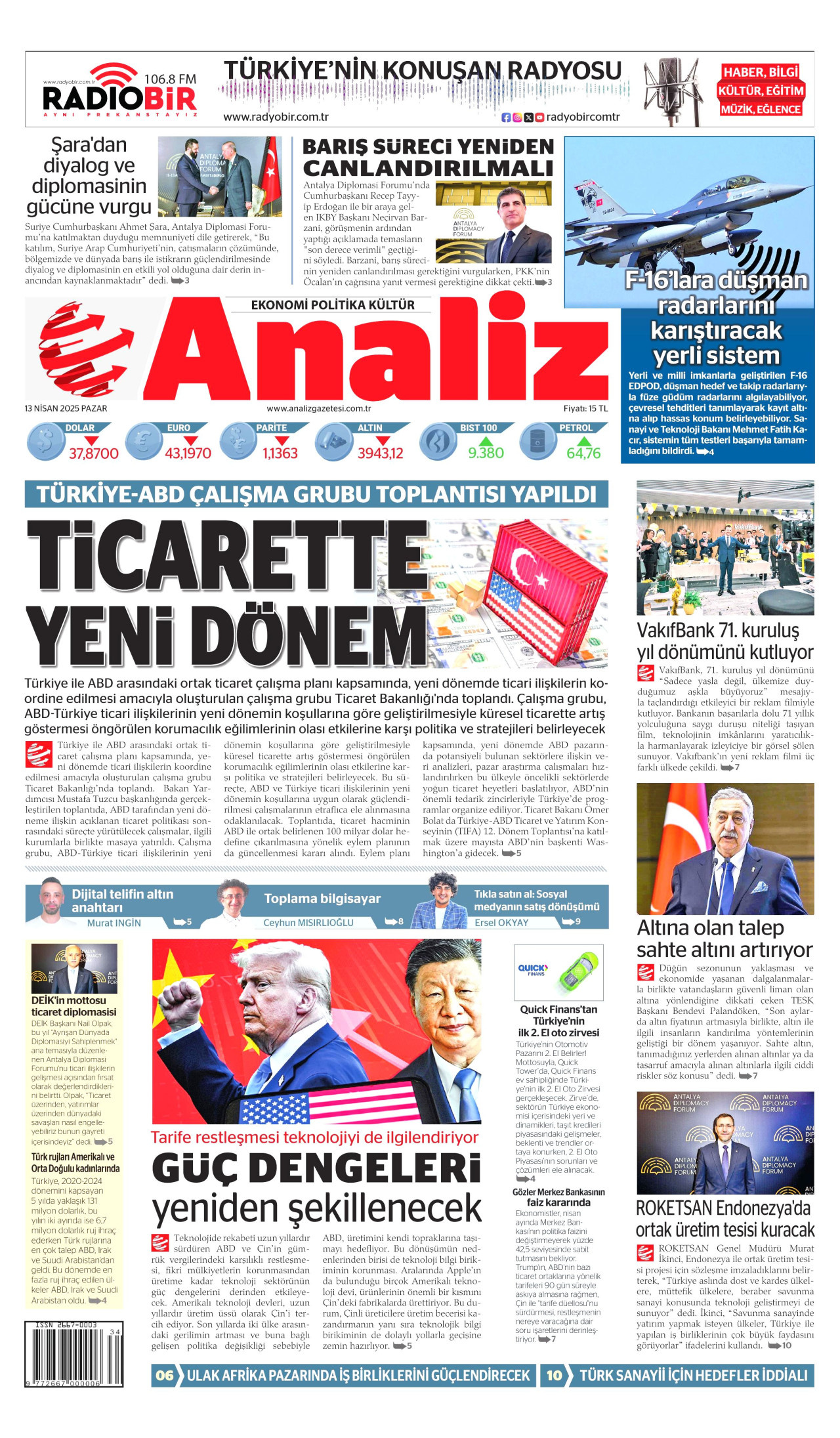 ANALİZ gazetesinin 13 Nisan 2025 tarihli birinci sayfası