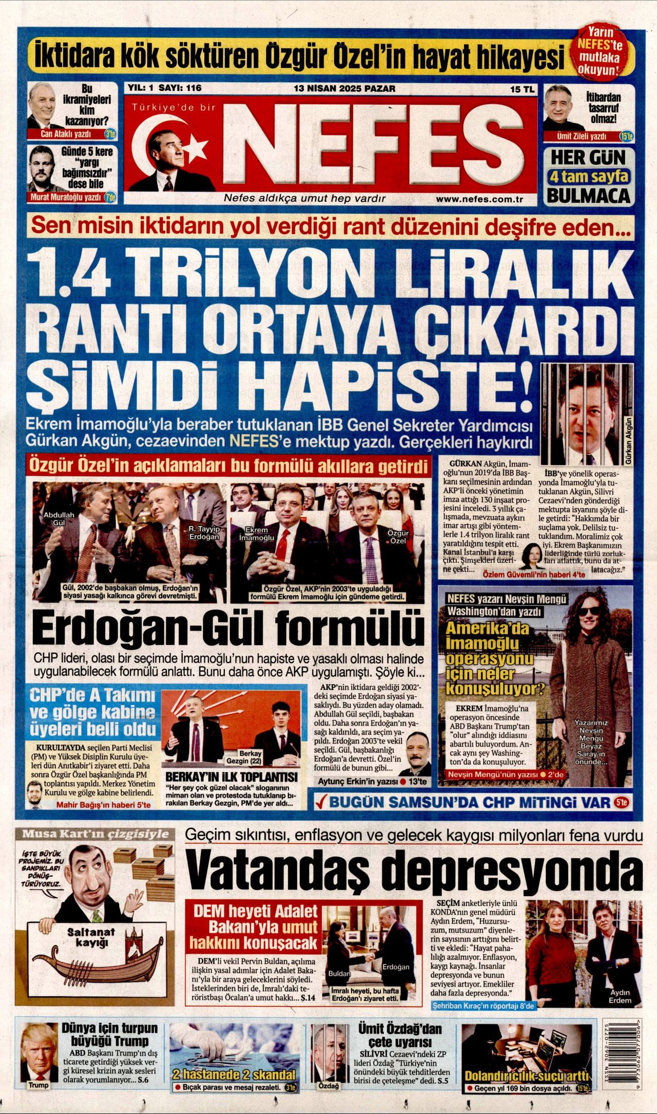 NEFES gazetesinin 13 Nisan 2025 tarihli birinci sayfası