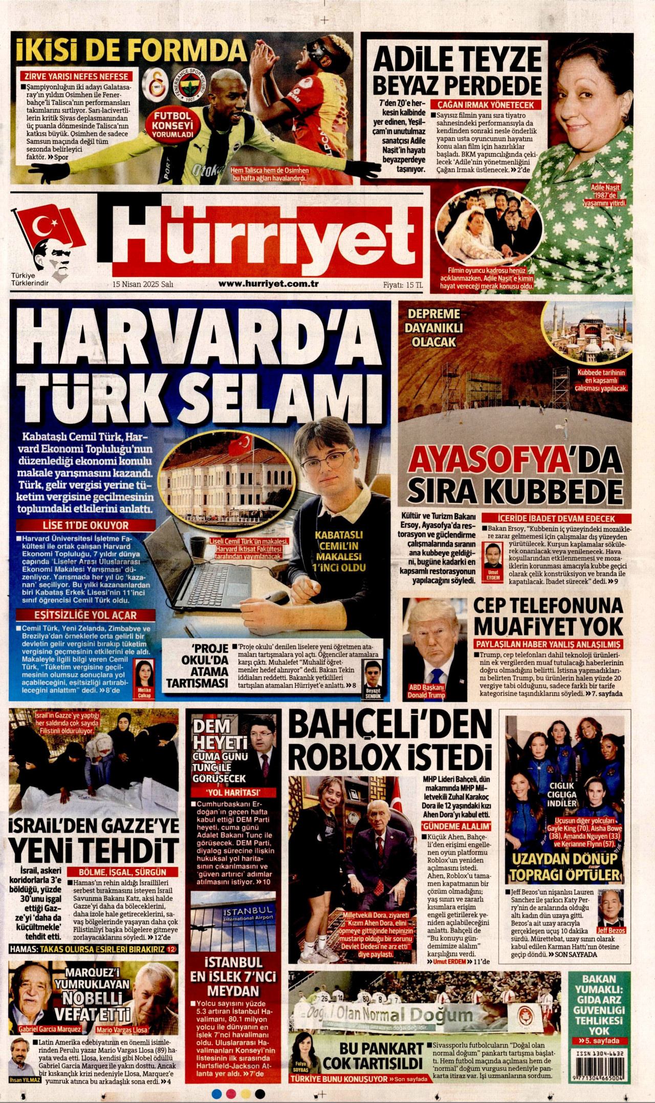 HÜRRİYET gazetesinin 15 Nisan 2025 tarihli birinci sayfası