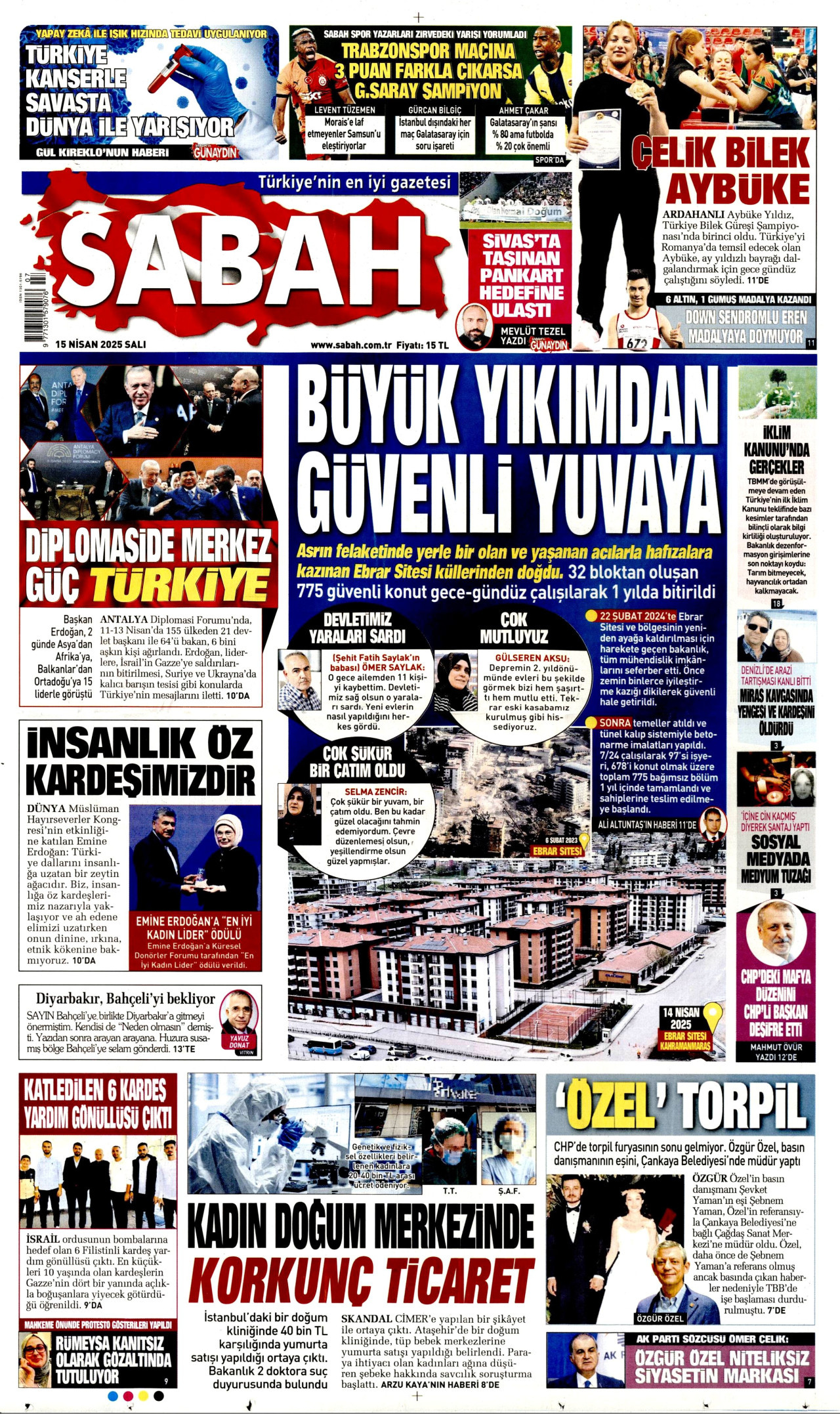 SABAH gazetesinin 15 Nisan 2025 tarihli birinci sayfası