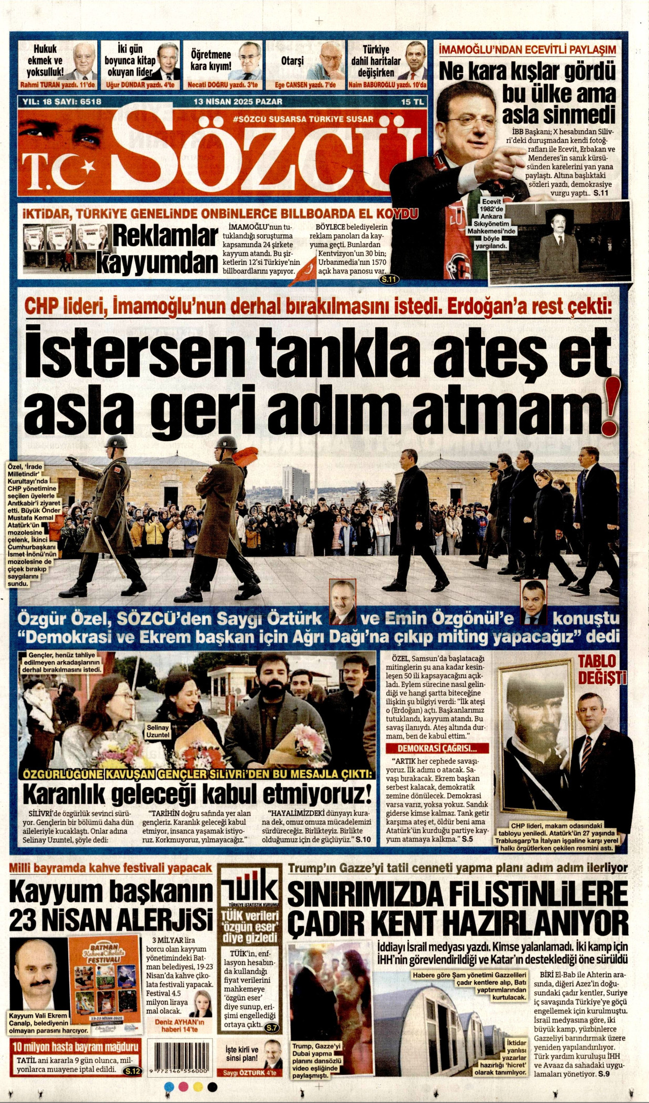 SÖZCÜ gazetesinin 15 Nisan 2025 tarihli birinci sayfası