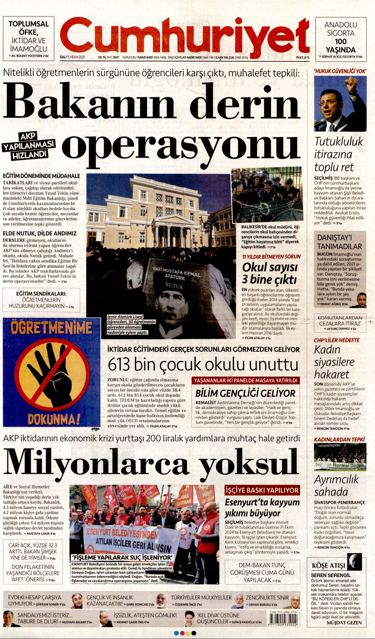 CUMHURİYET gazetesinin 15 Nisan 2025 tarihli birinci sayfası