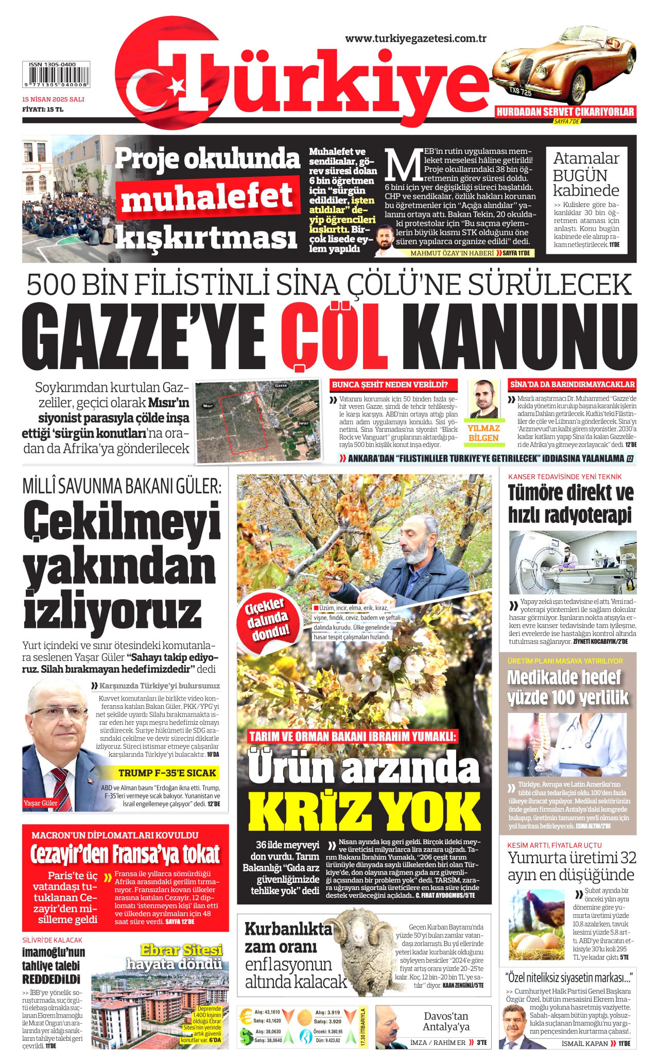 TÜRKİYE GAZETESİ gazetesinin 15 Nisan 2025 tarihli birinci sayfası