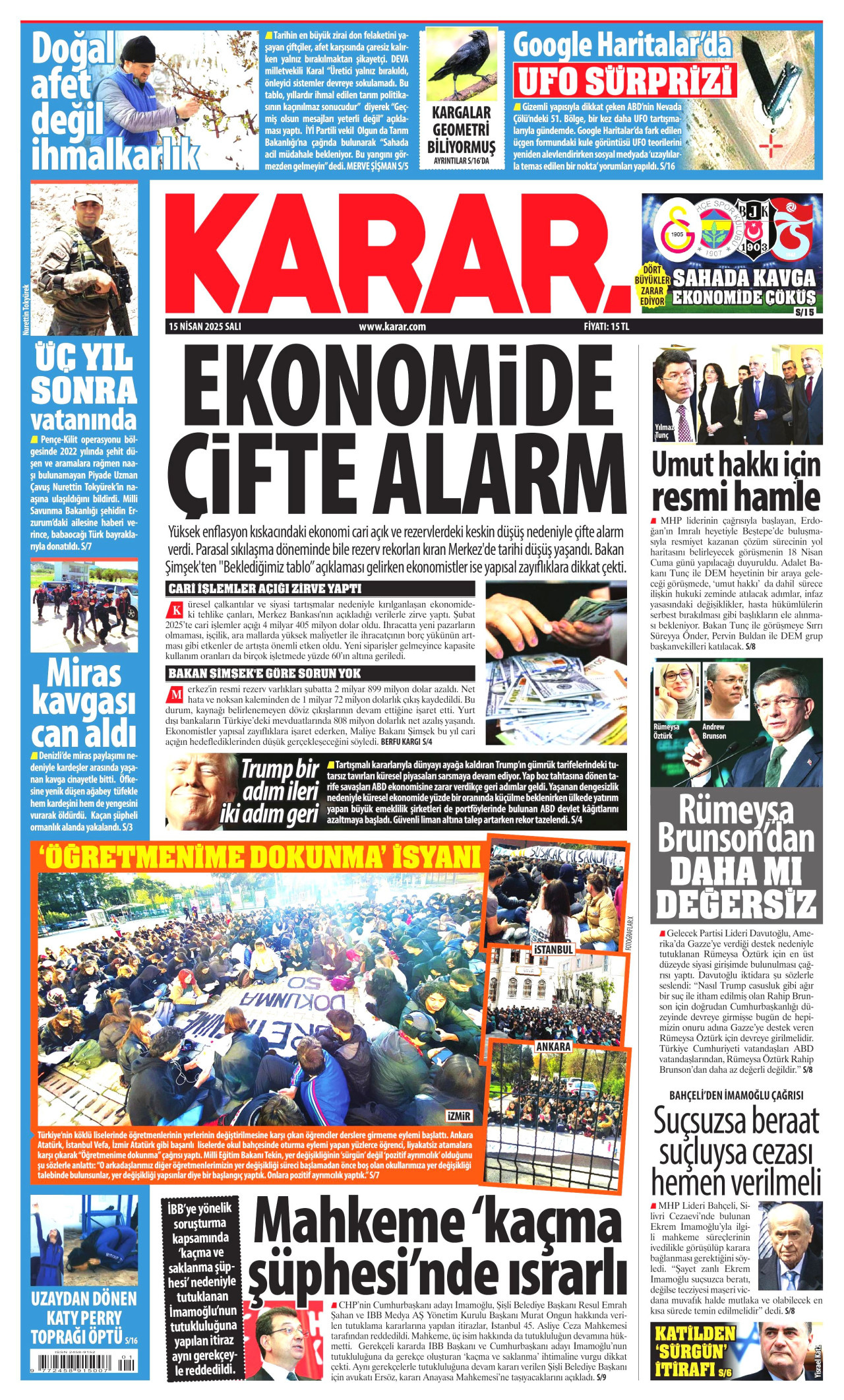 KARAR gazetesinin 15 Nisan 2025 tarihli birinci sayfası