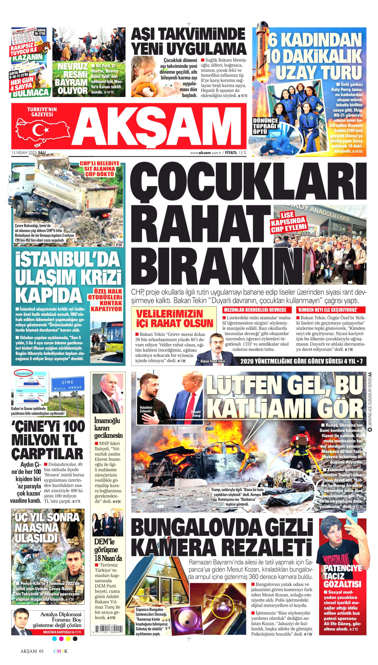 AKŞAM gazetesinin 15 Nisan 2025 tarihli birinci sayfası