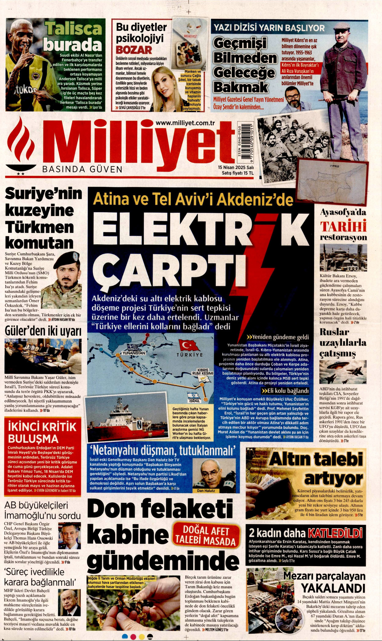 MİLLİYET gazetesinin 15 Nisan 2025 tarihli birinci sayfası