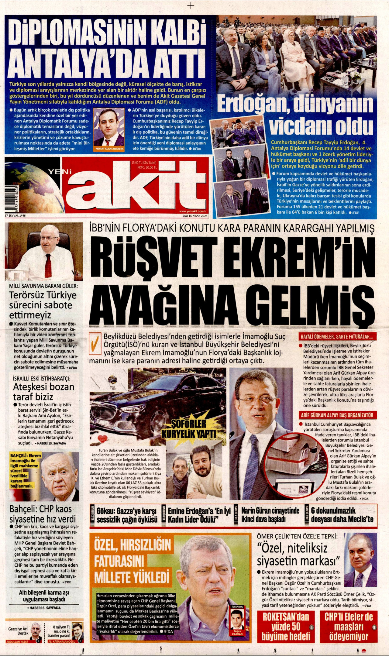 YENİ AKİT gazetesinin 15 Nisan 2025 tarihli birinci sayfası