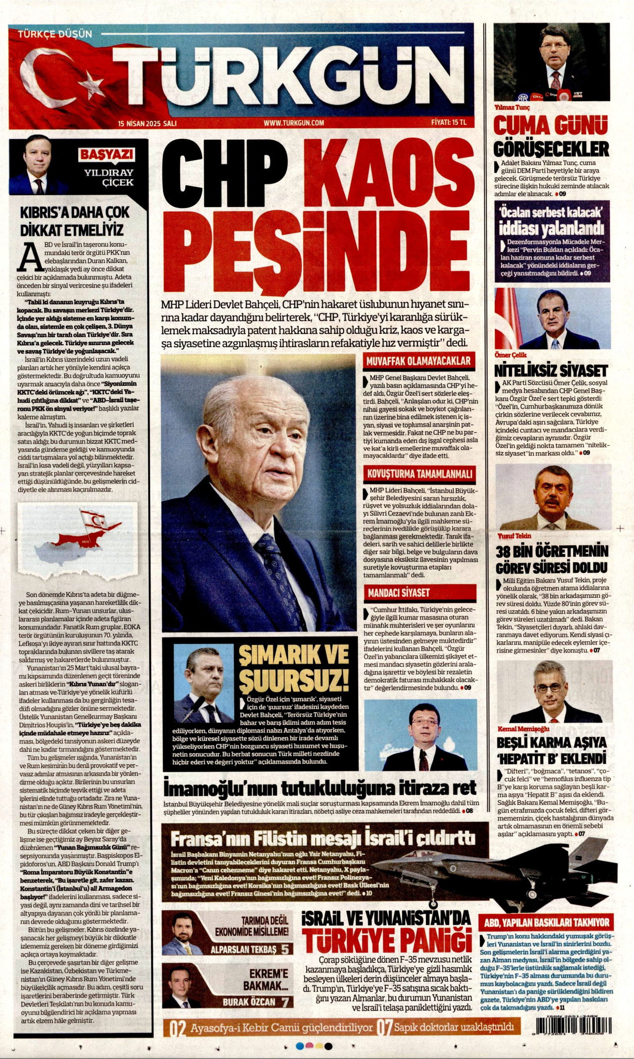 TÜRKGÜN gazetesinin 15 Nisan 2025 tarihli birinci sayfası