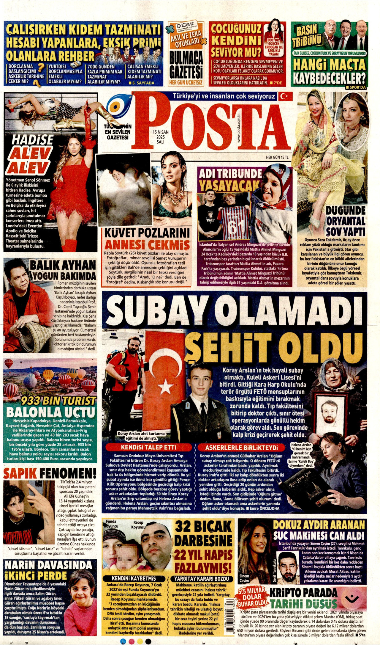 POSTA gazetesinin 15 Nisan 2025 tarihli birinci sayfası