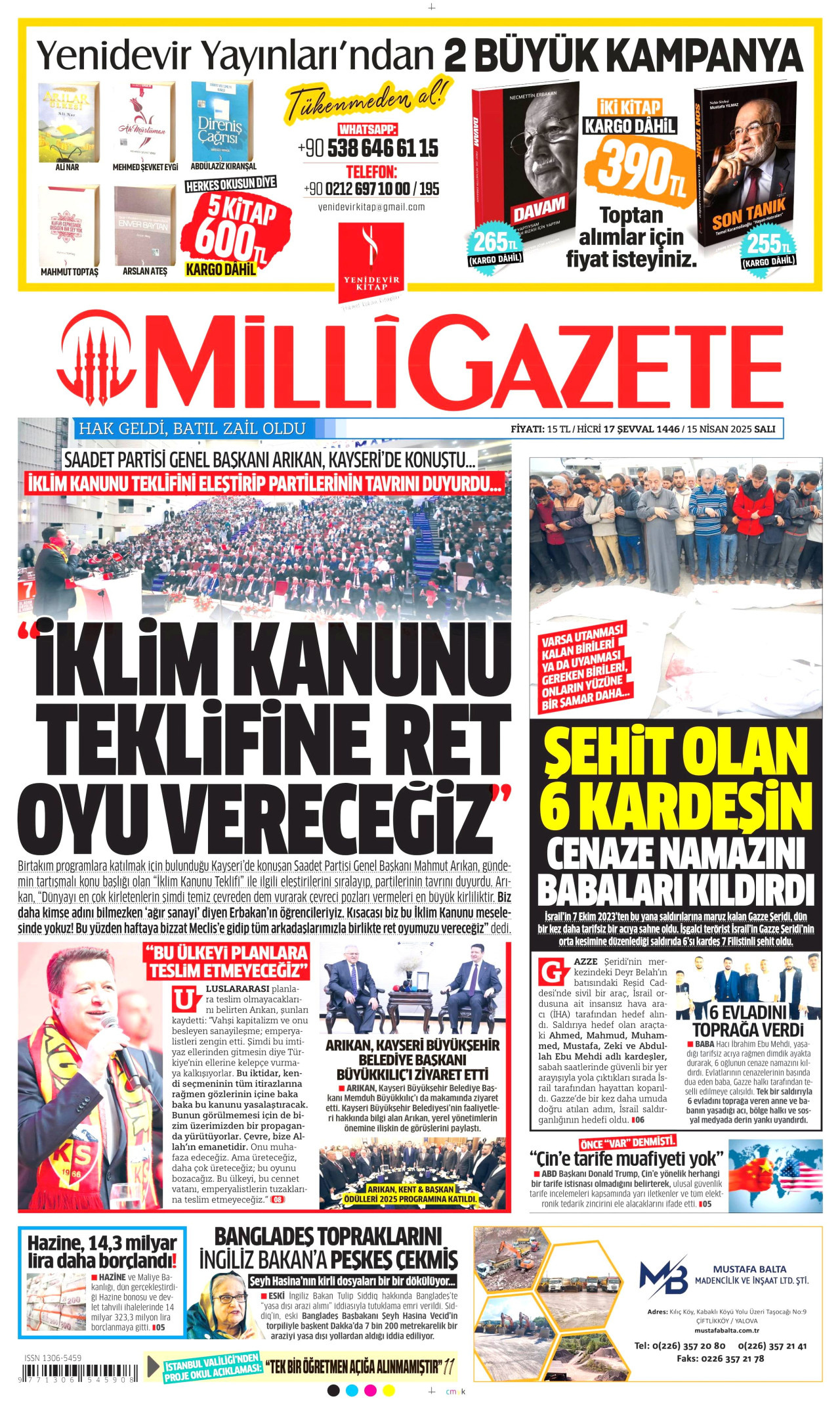 MİLLİ GAZETE gazetesinin 15 Nisan 2025 tarihli birinci sayfası