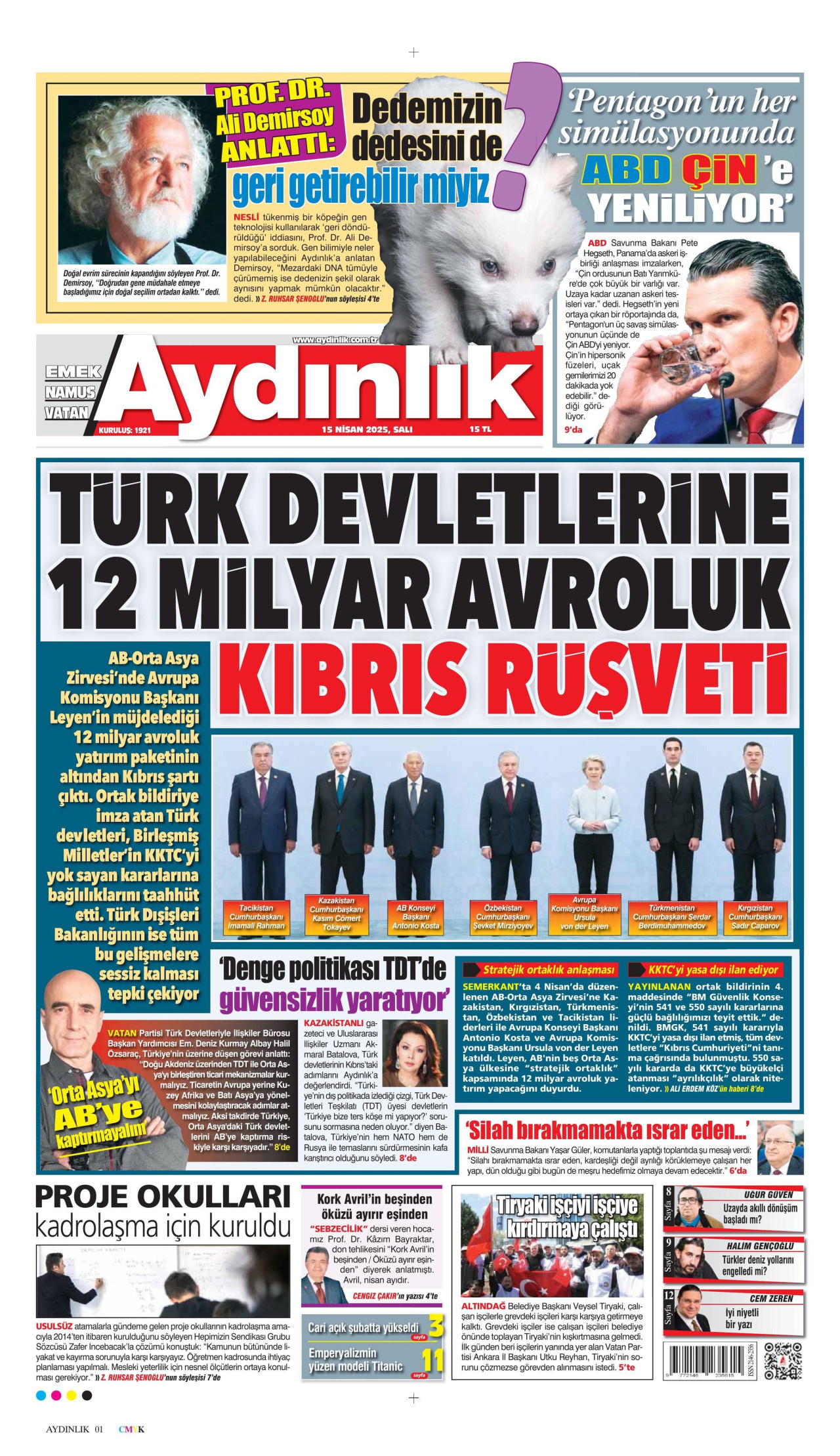 AYDINLIK GAZETESİ gazetesinin 15 Nisan 2025 tarihli birinci sayfası