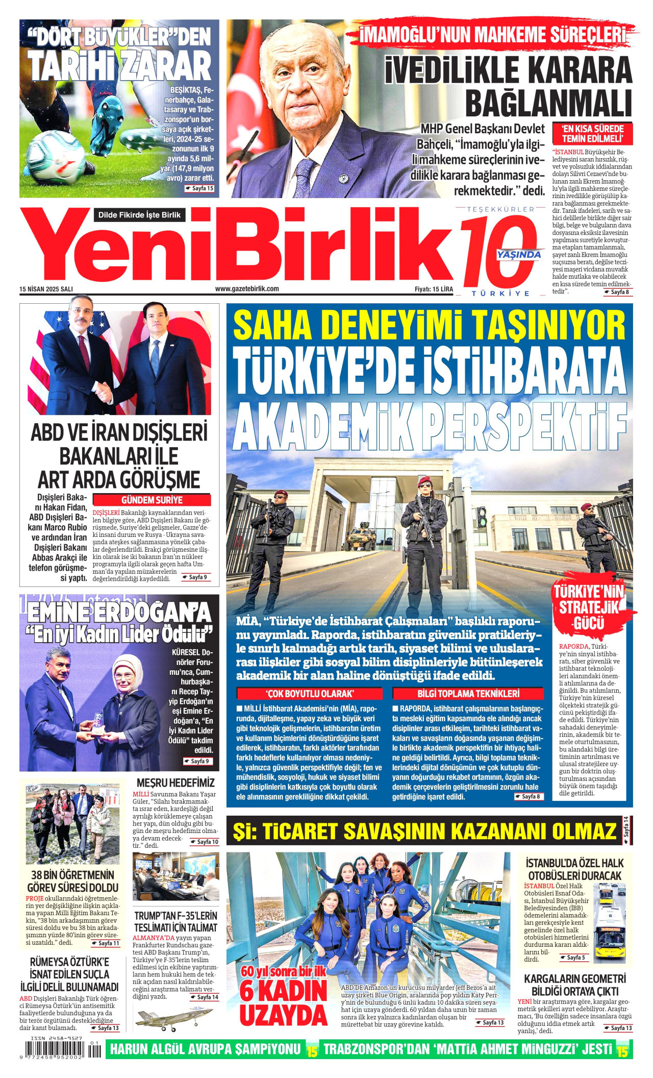 YENİBİRLİK gazetesinin 15 Nisan 2025 tarihli birinci sayfası
