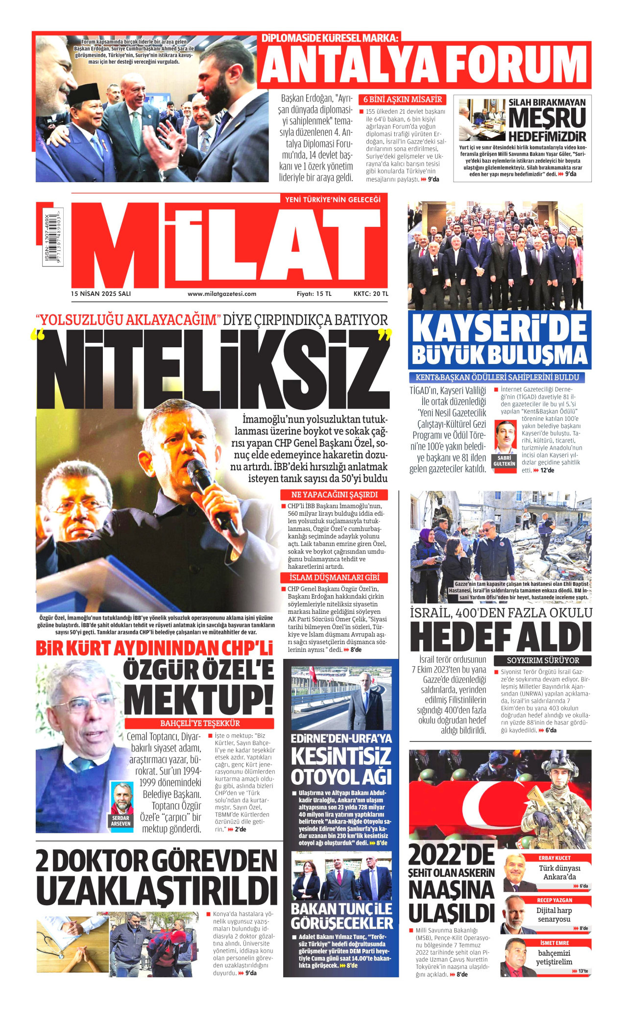 MİLAT gazetesinin 15 Nisan 2025 tarihli birinci sayfası