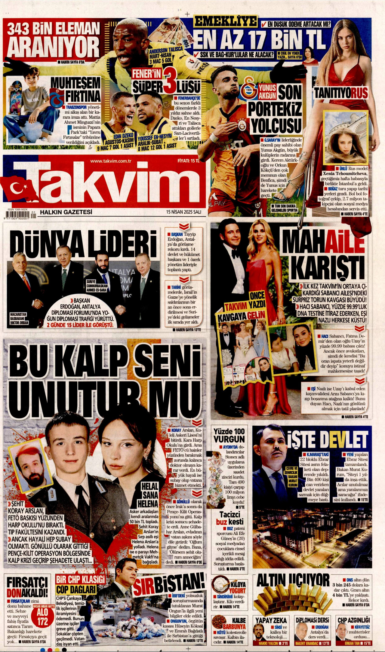 TAKVİM gazetesinin 15 Nisan 2025 tarihli birinci sayfası