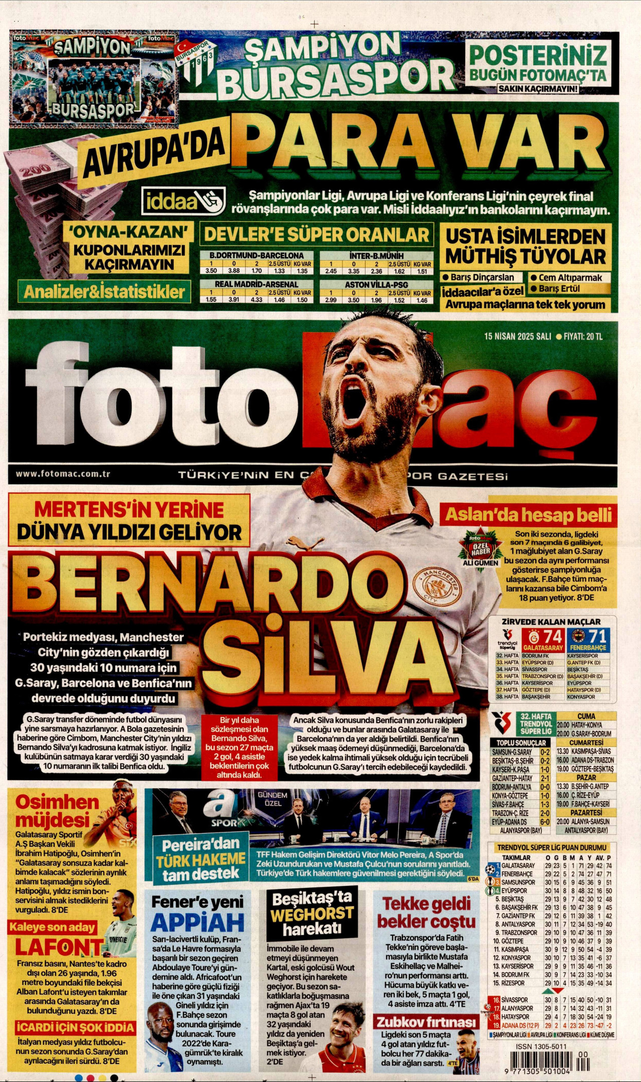 FOTOMAÇ gazetesinin 15 Nisan 2025 tarihli birinci sayfası