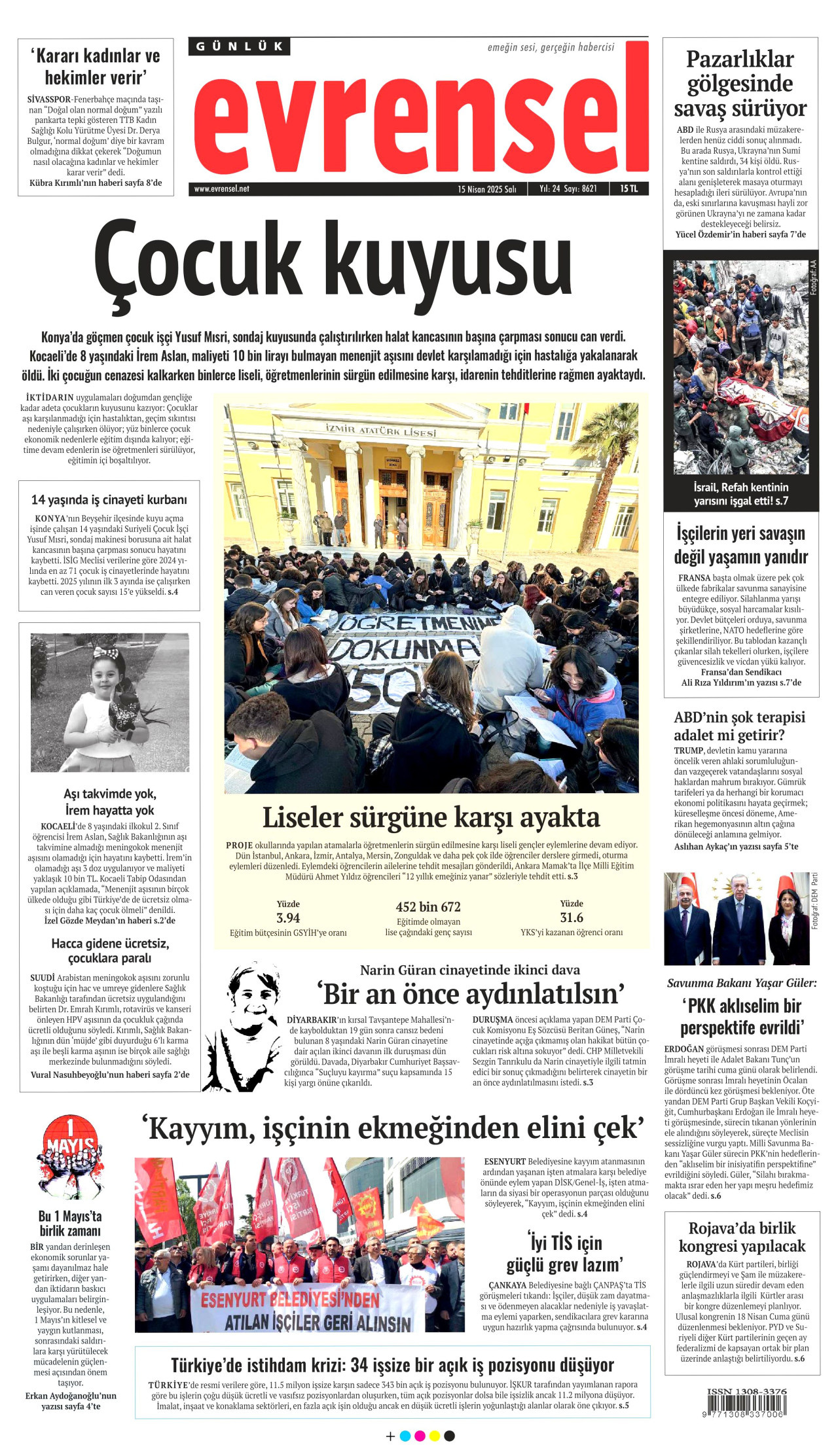 EVRENSEL gazetesinin 15 Nisan 2025 tarihli birinci sayfası